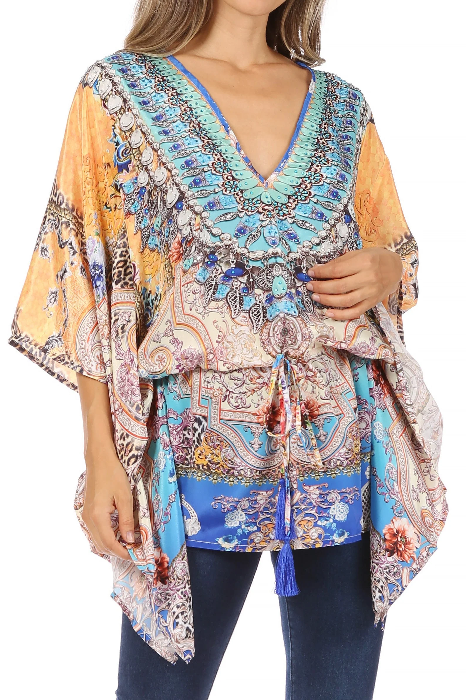 Sakkas Danis Women's Oversized Casual Pullover V-neck Short Sleeve Boho Top Blouse - Image 71