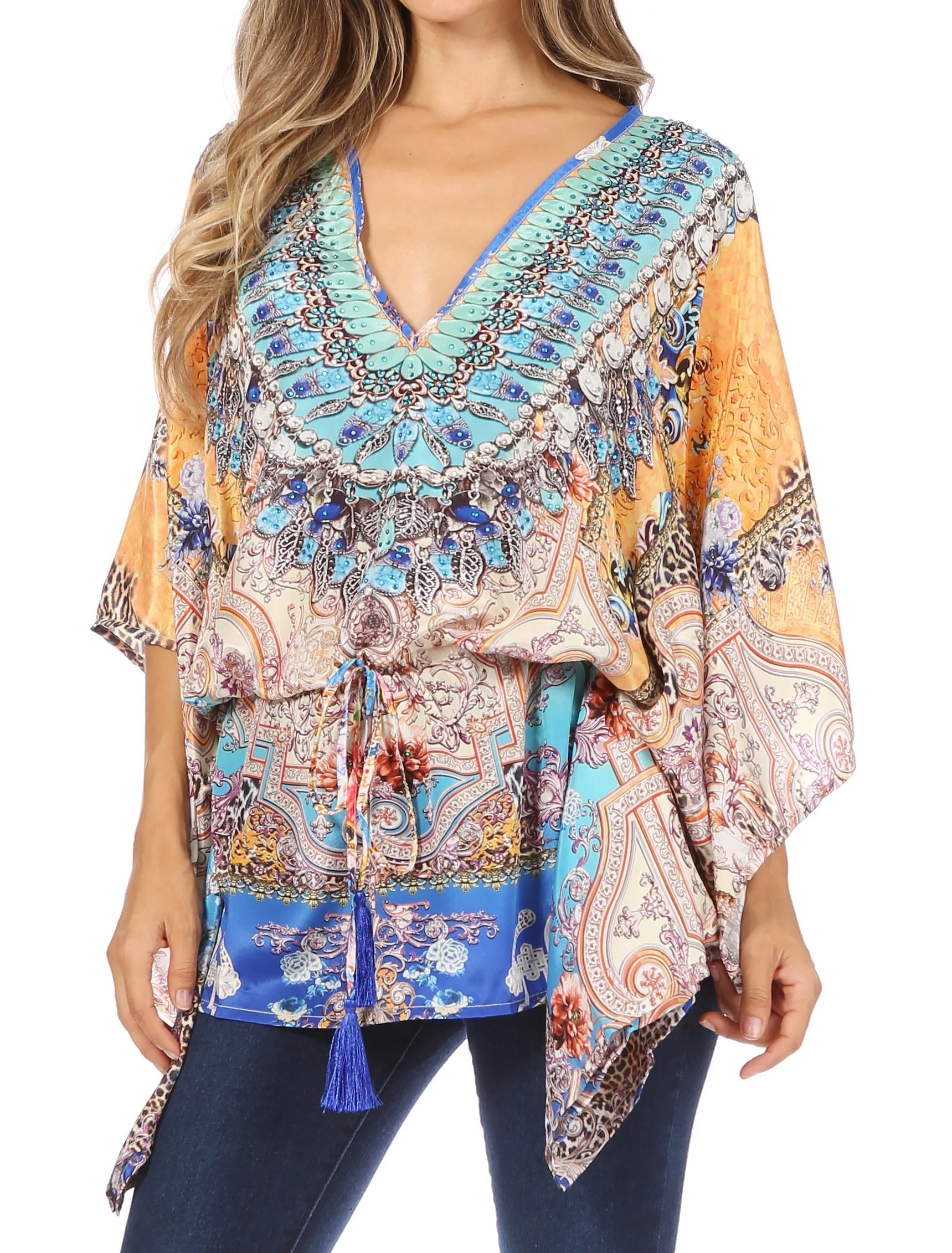 Sakkas Danis Women's Oversized Casual Pullover V-neck Short Sleeve Boho Top Blouse - Image 73