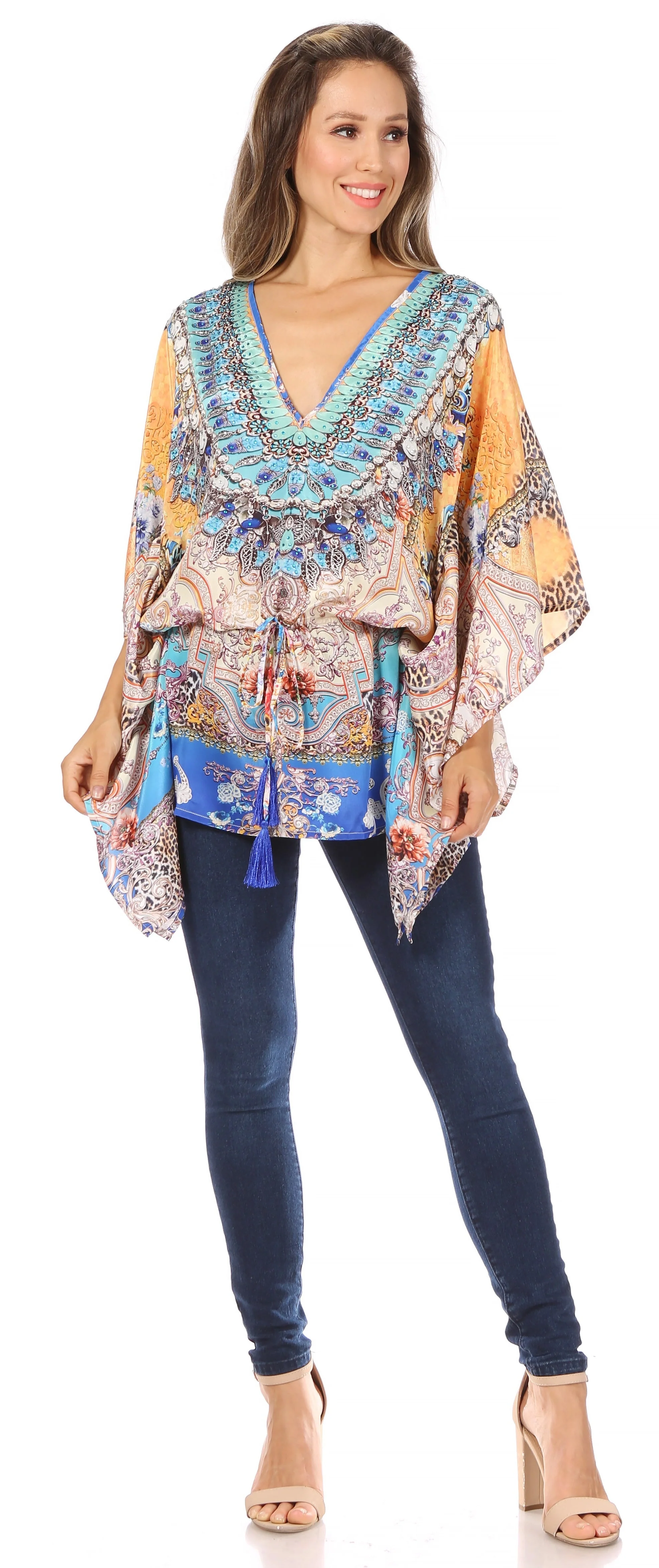 Sakkas Danis Women's Oversized Casual Pullover V-neck Short Sleeve Boho Top Blouse - Image 75