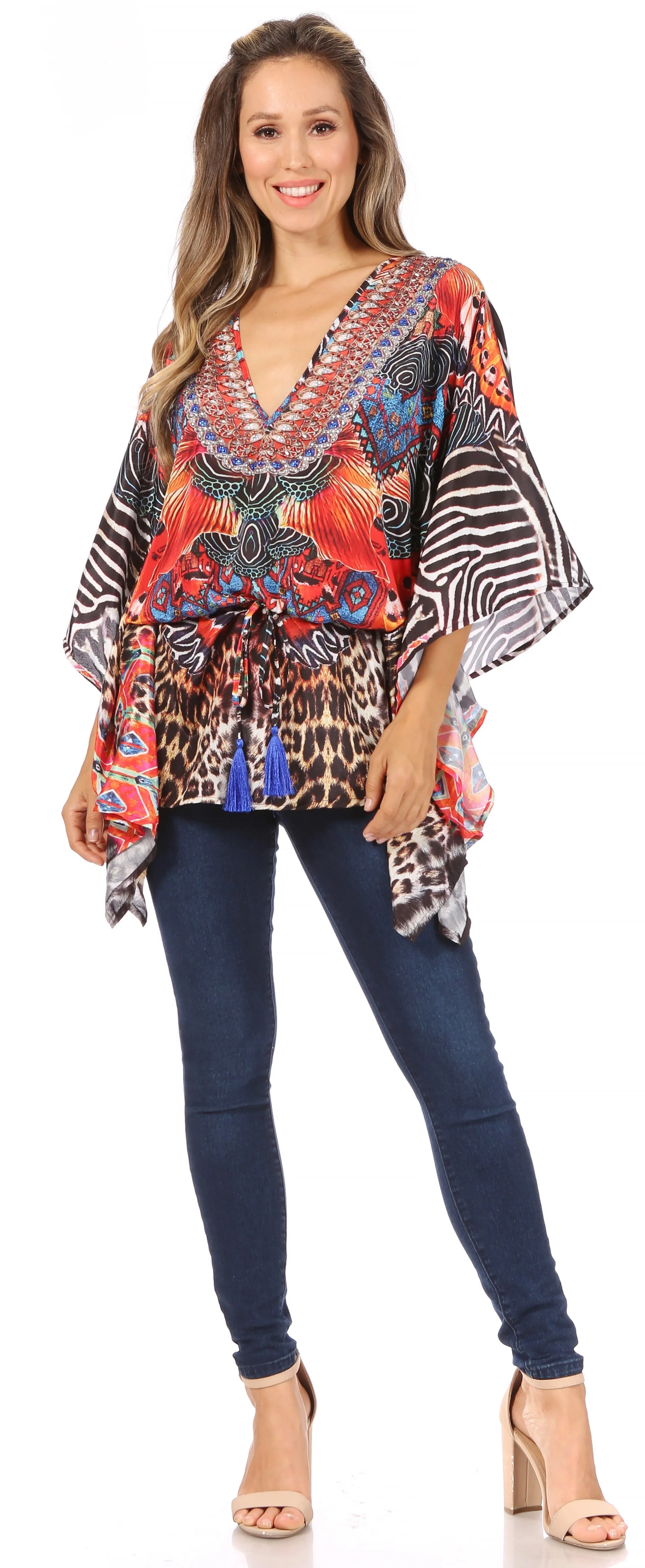 Sakkas Danis Women's Oversized Casual Pullover V-neck Short Sleeve Boho Top Blouse - Image 79