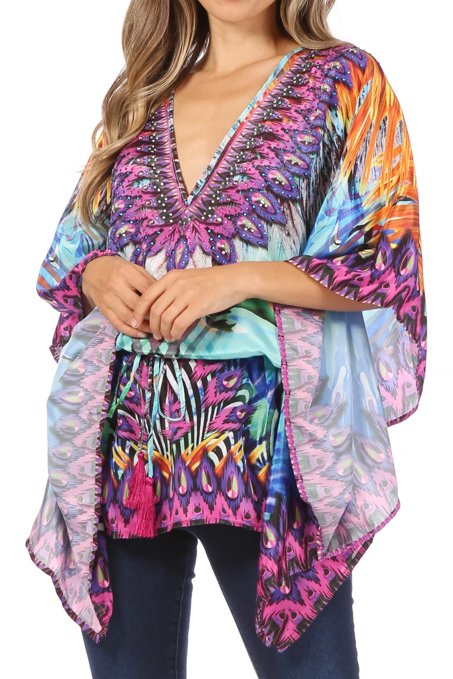 Sakkas Danis Women's Oversized Casual Pullover V-neck Short Sleeve Boho Top Blouse - Image 80