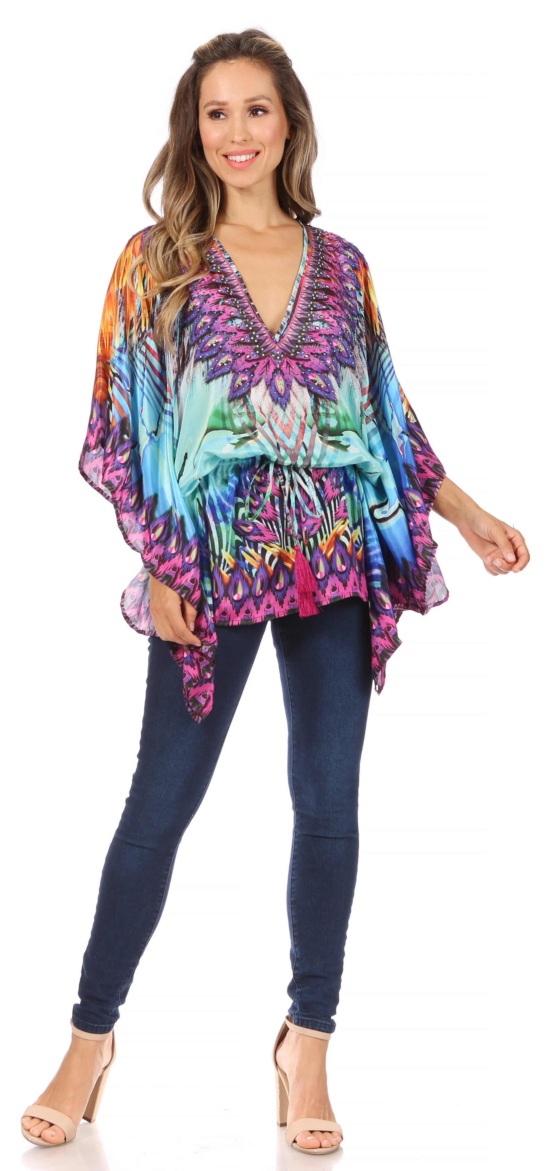 Sakkas Danis Women's Oversized Casual Pullover V-neck Short Sleeve Boho Top Blouse - Image 84