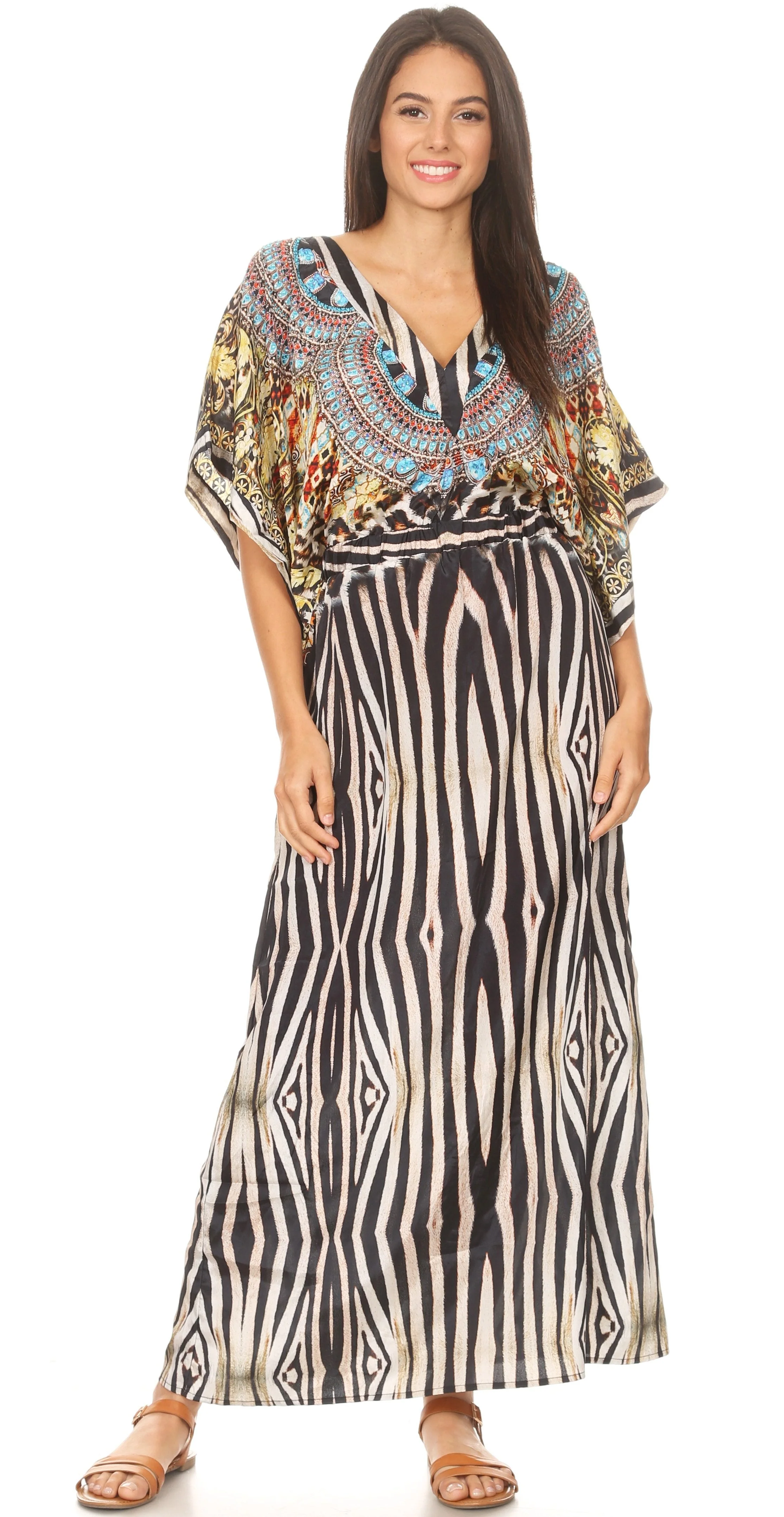 Sakkas Delma Women's Long Maxi Column V-neck Short Sleeve Slim Dress with Print - Image 15