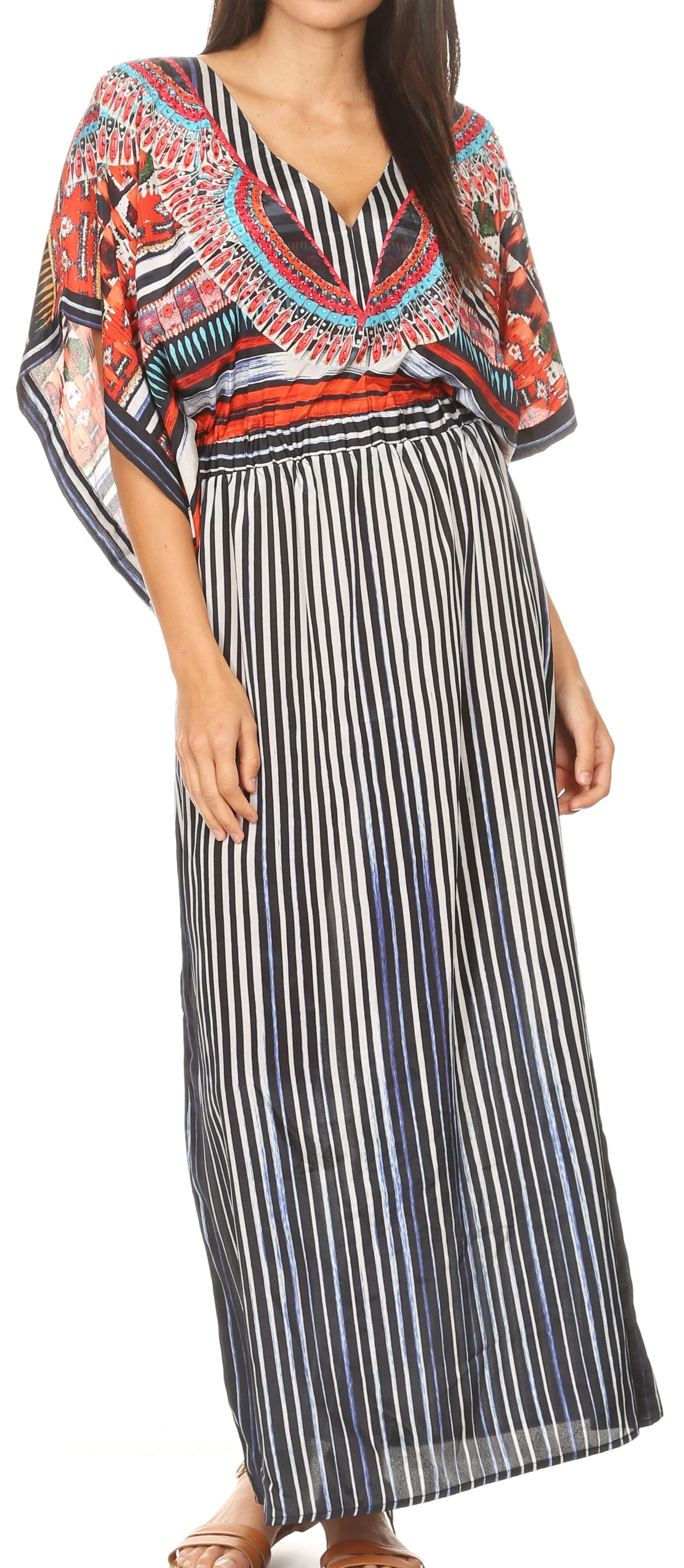 Sakkas Delma Women's Long Maxi Column V-neck Short Sleeve Slim Dress with Print - Image 6
