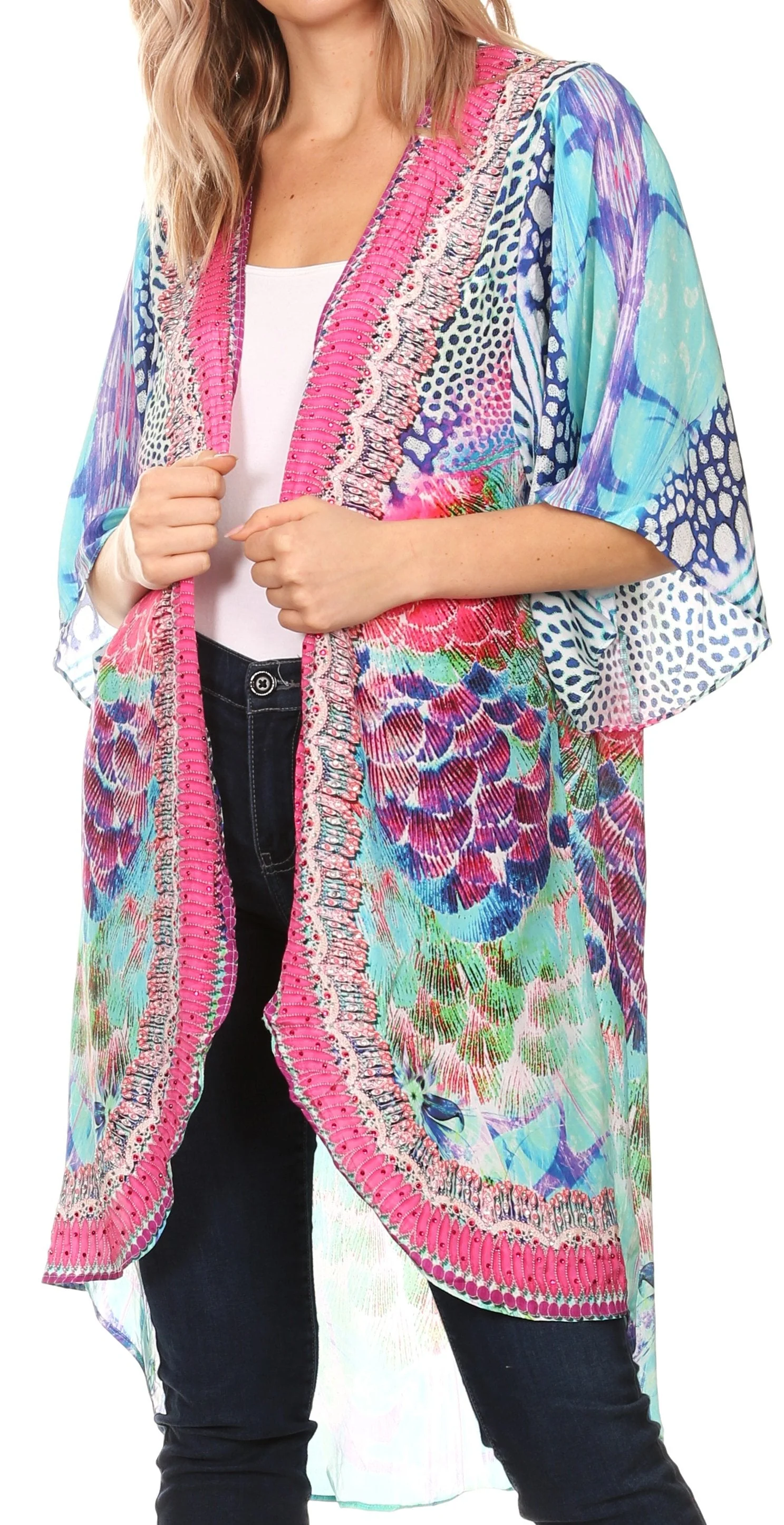 Sakkas Denora Women's Casual Draped Kimono Short Sleeve Boho Open Front Cardigan - Image 11