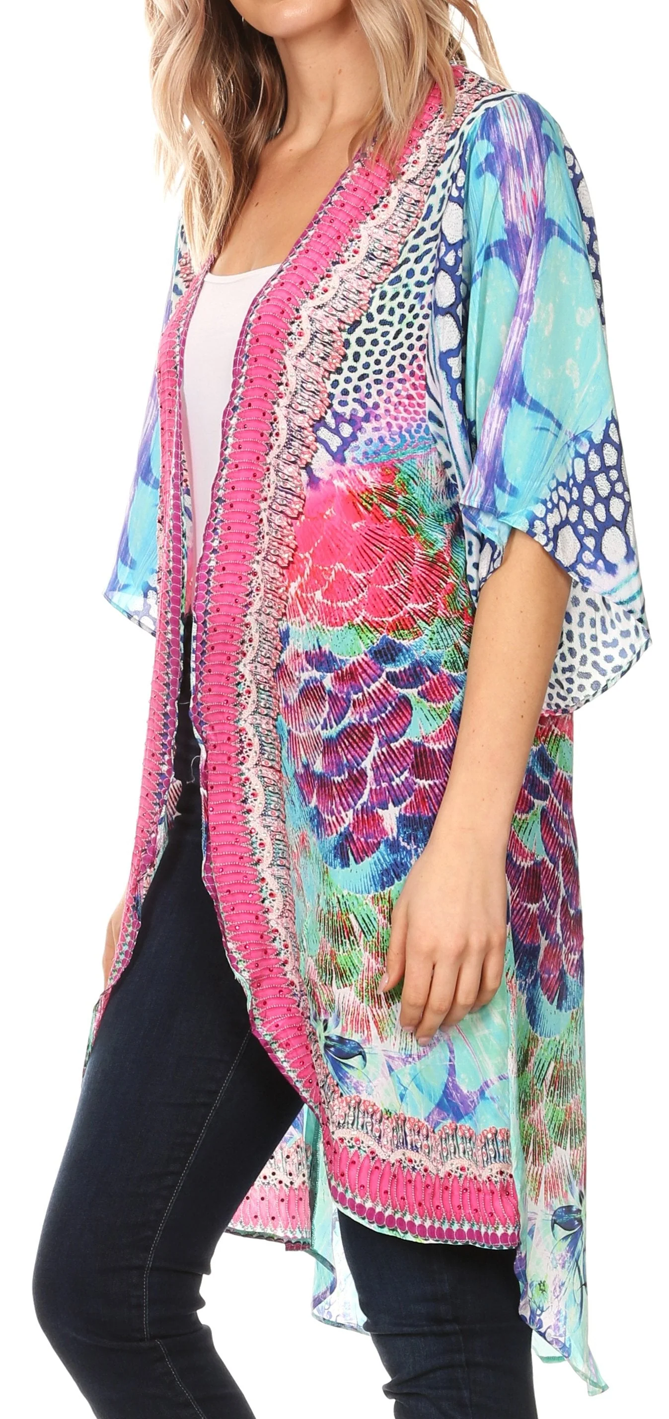 Sakkas Denora Women's Casual Draped Kimono Short Sleeve Boho Open Front Cardigan - Image 13