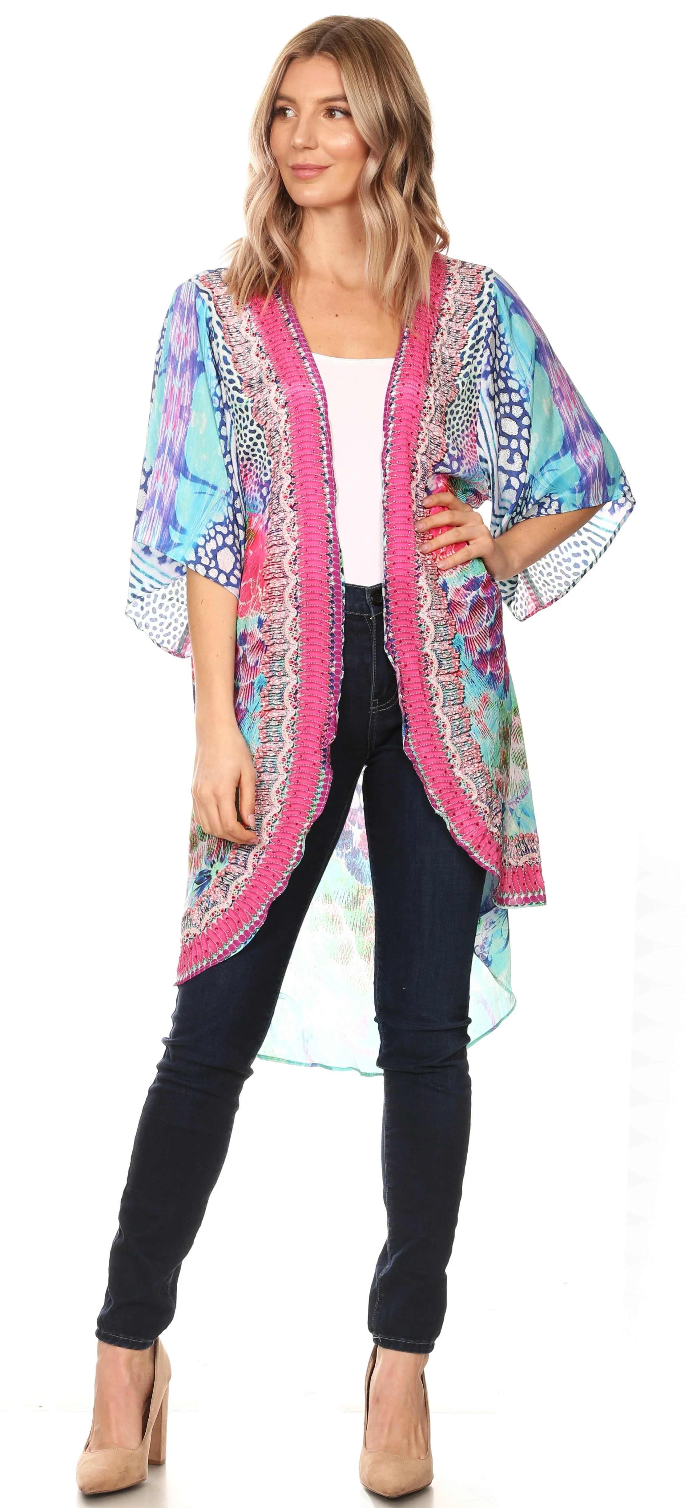 Sakkas Denora Women's Casual Draped Kimono Short Sleeve Boho Open Front Cardigan - Image 15