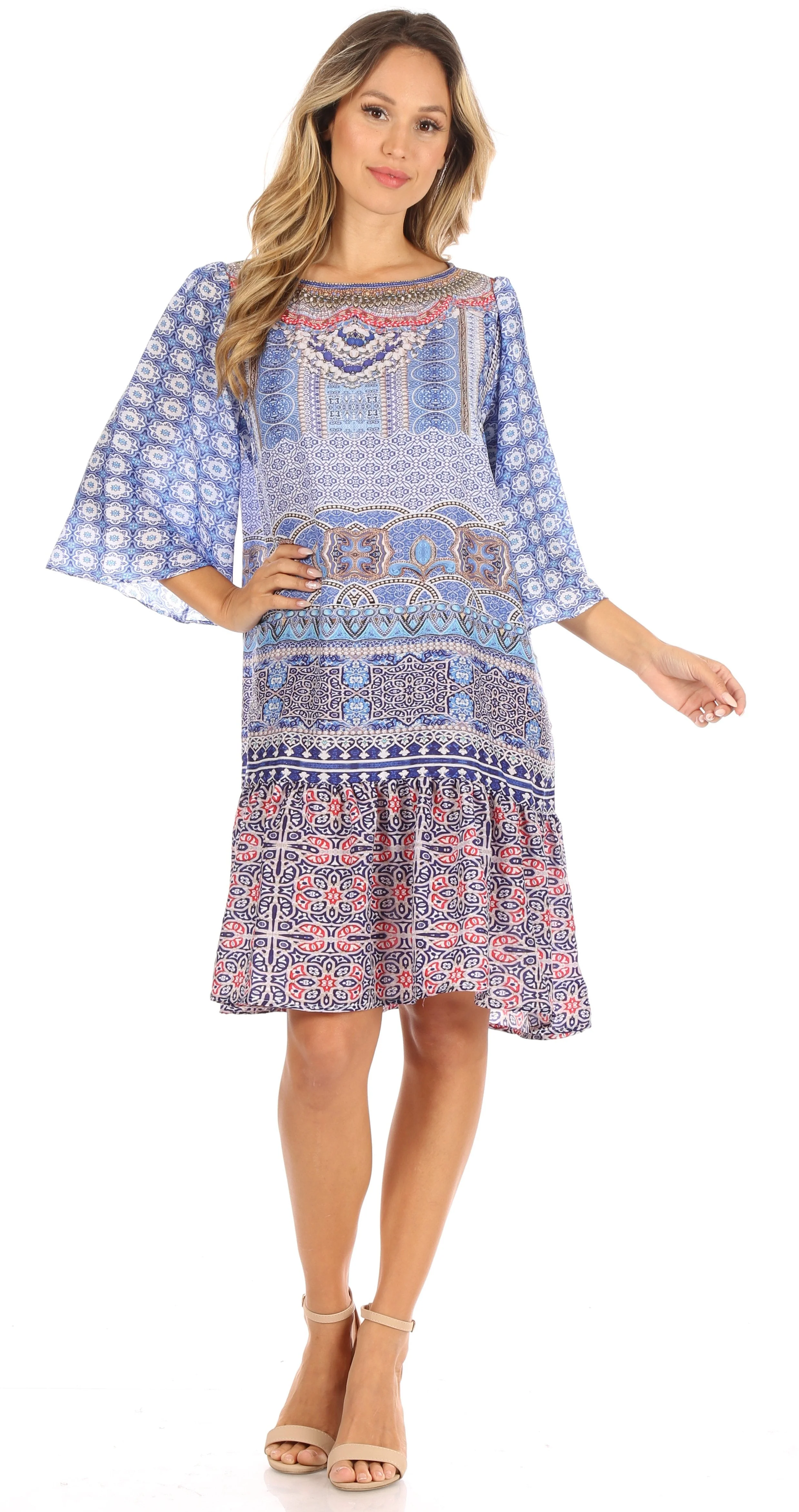 Sakkas Dona Women's Casual Swing 3/4 Sleeve Floral Print Boho Cocktail Midi Dress - Image 10