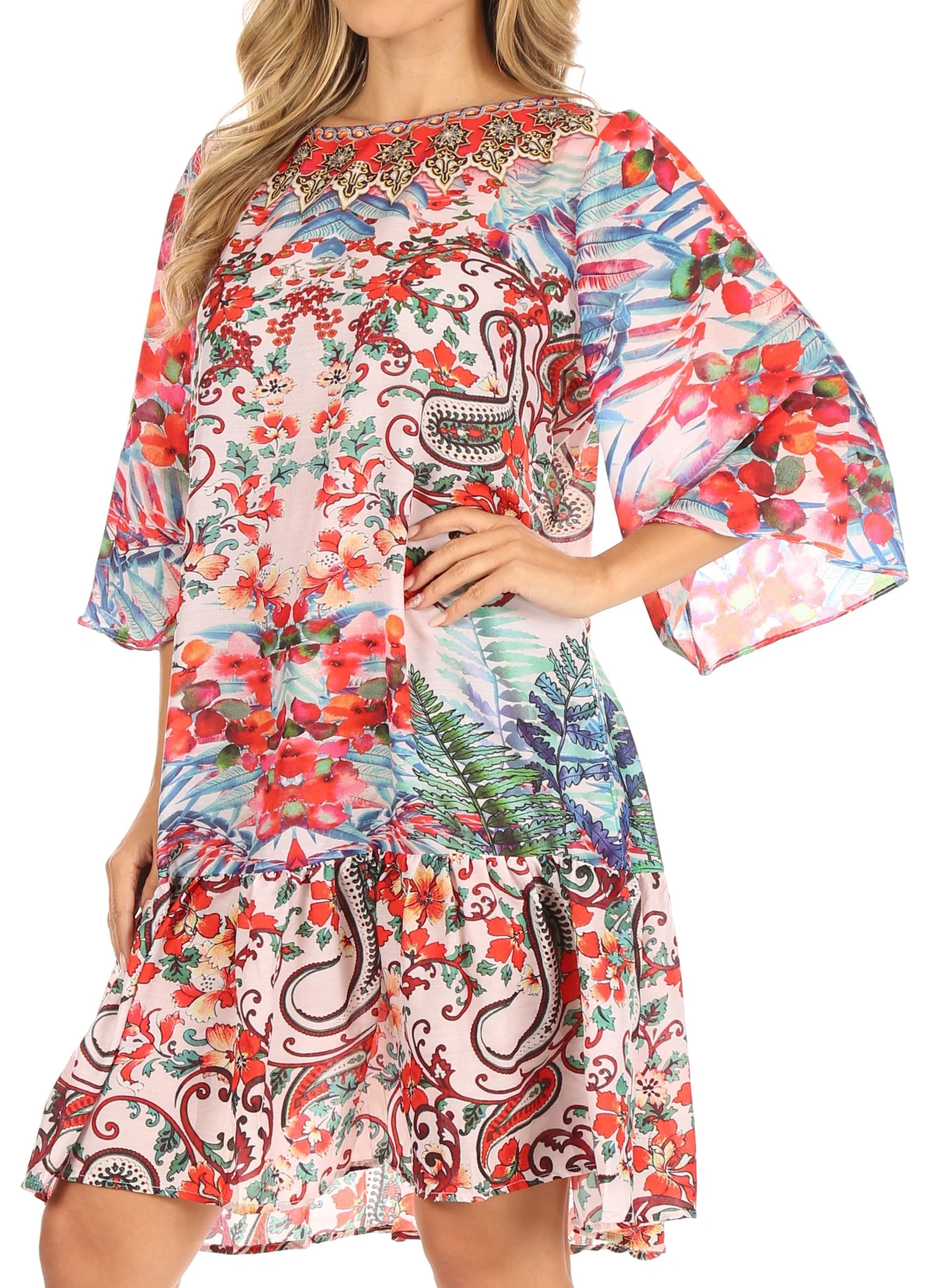 Sakkas Dona Women's Casual Swing 3/4 Sleeve Floral Print Boho Cocktail Midi Dress - Image 13