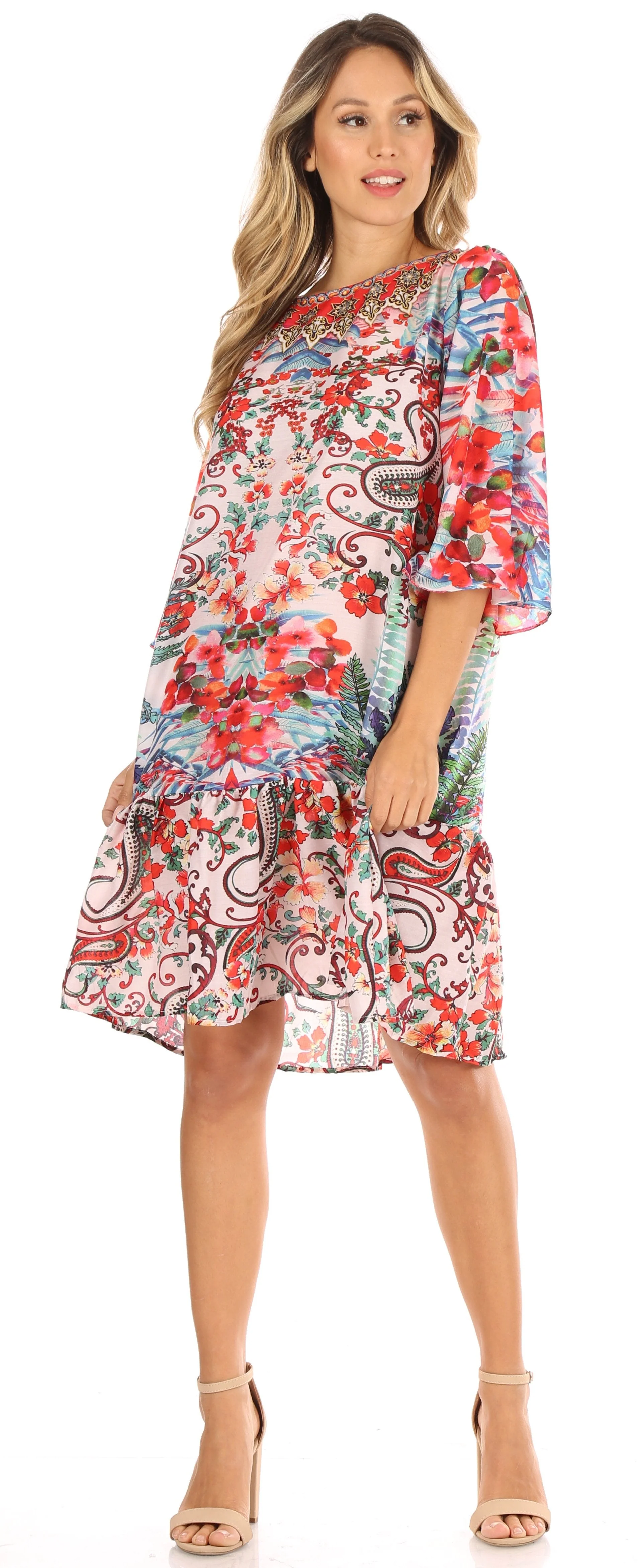 Sakkas Dona Women's Casual Swing 3/4 Sleeve Floral Print Boho Cocktail Midi Dress - Image 15