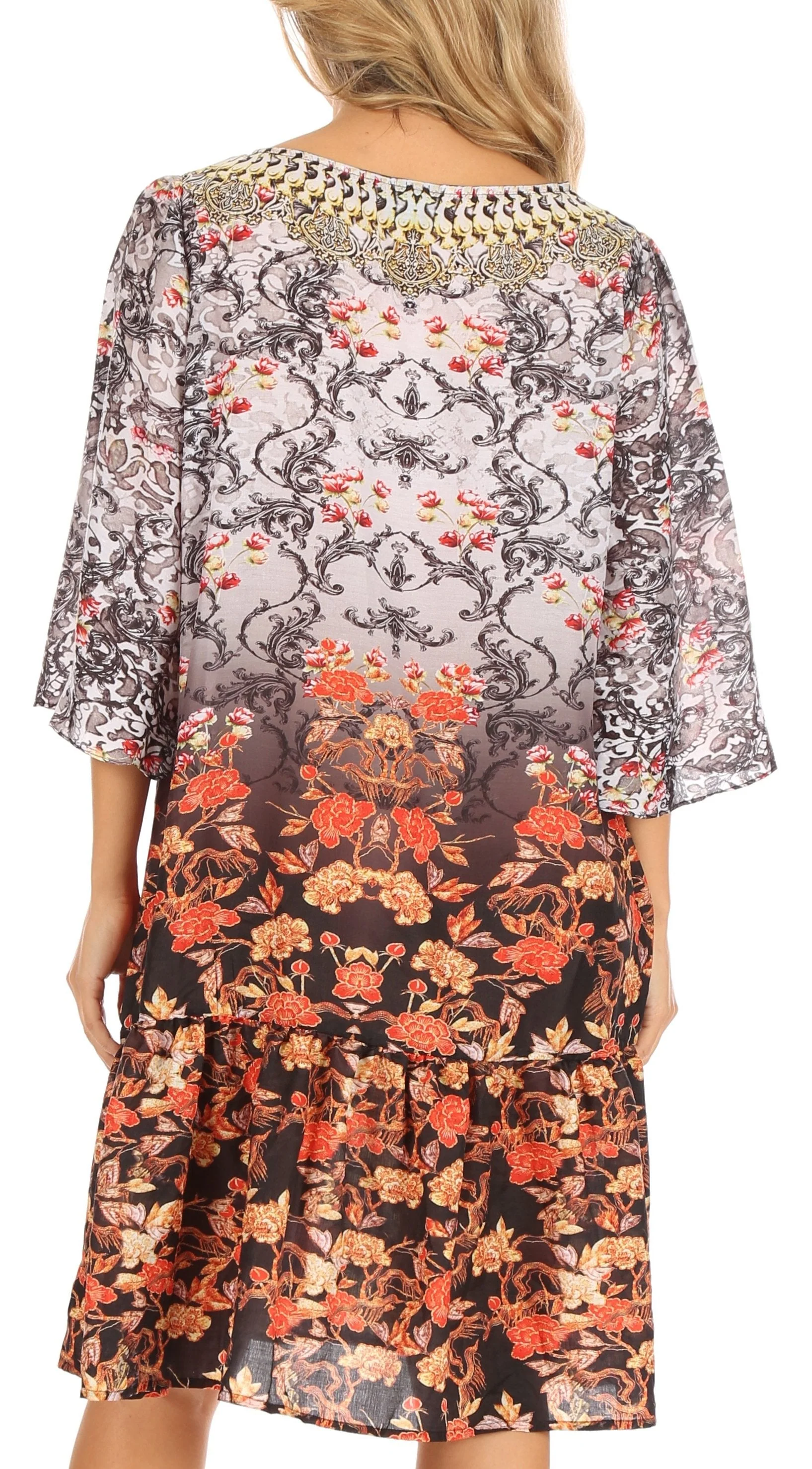 Sakkas Dona Women's Casual Swing 3/4 Sleeve Floral Print Boho Cocktail Midi Dress - Image 2