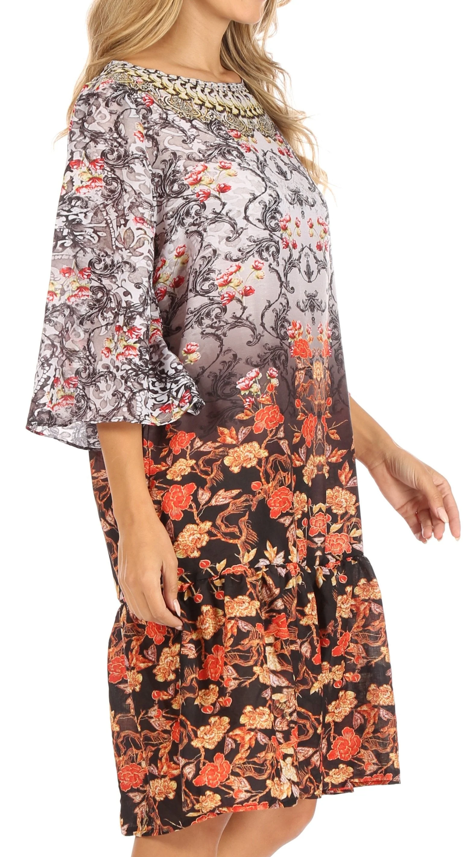 Sakkas Dona Women's Casual Swing 3/4 Sleeve Floral Print Boho Cocktail Midi Dress - Image 4