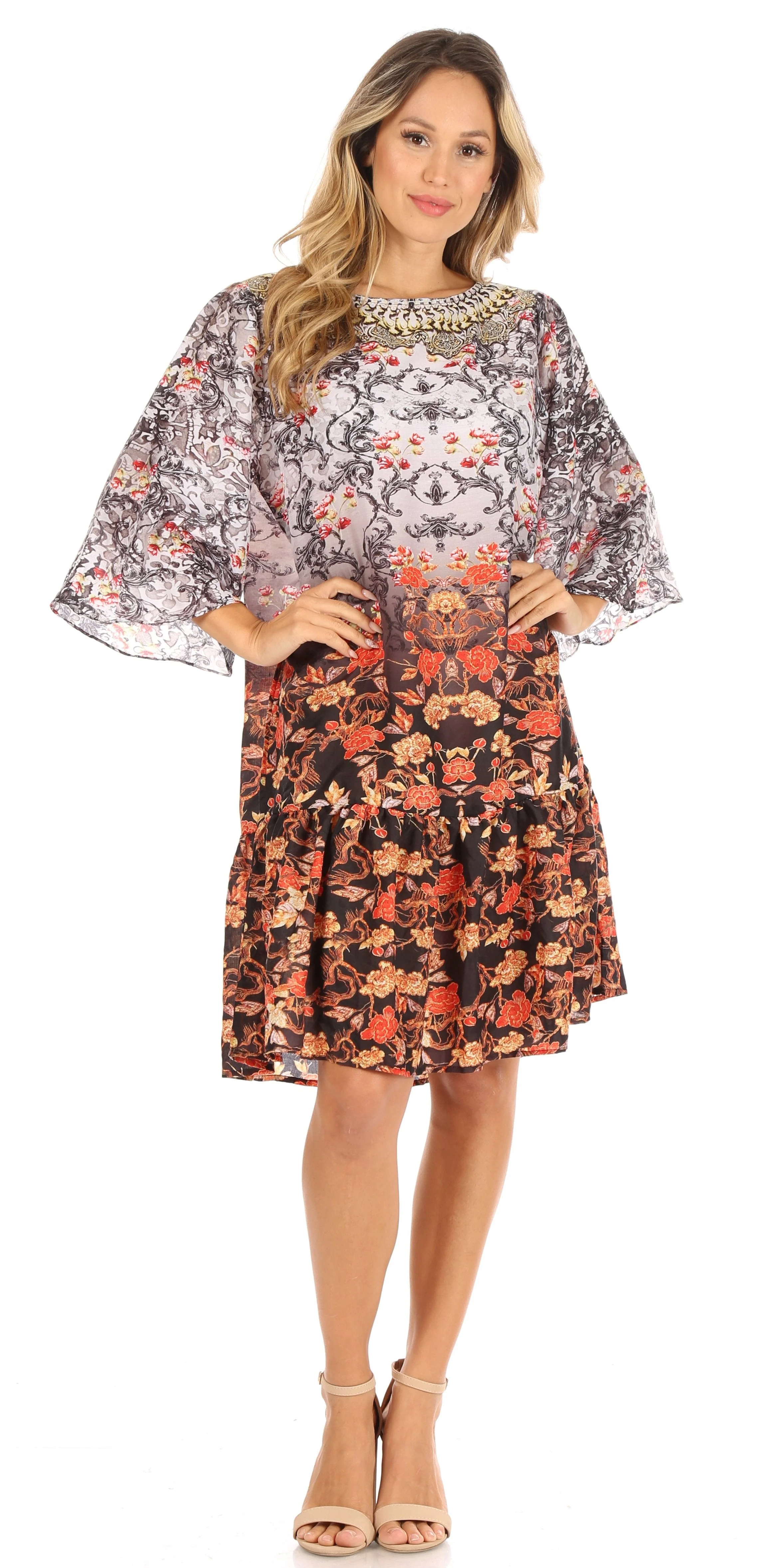 Sakkas Dona Women's Casual Swing 3/4 Sleeve Floral Print Boho Cocktail Midi Dress - Image 5