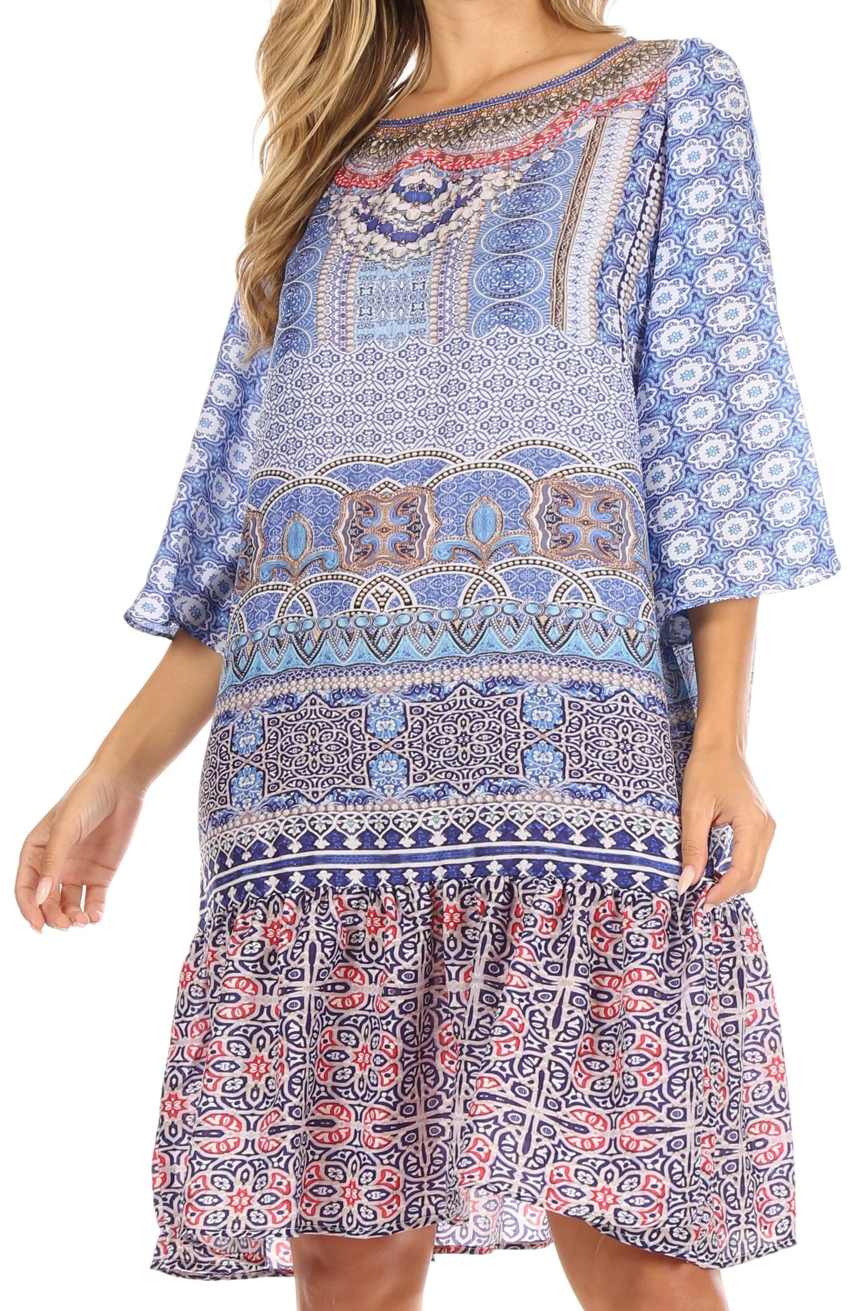 Sakkas Dona Women's Casual Swing 3/4 Sleeve Floral Print Boho Cocktail Midi Dress - Image 6