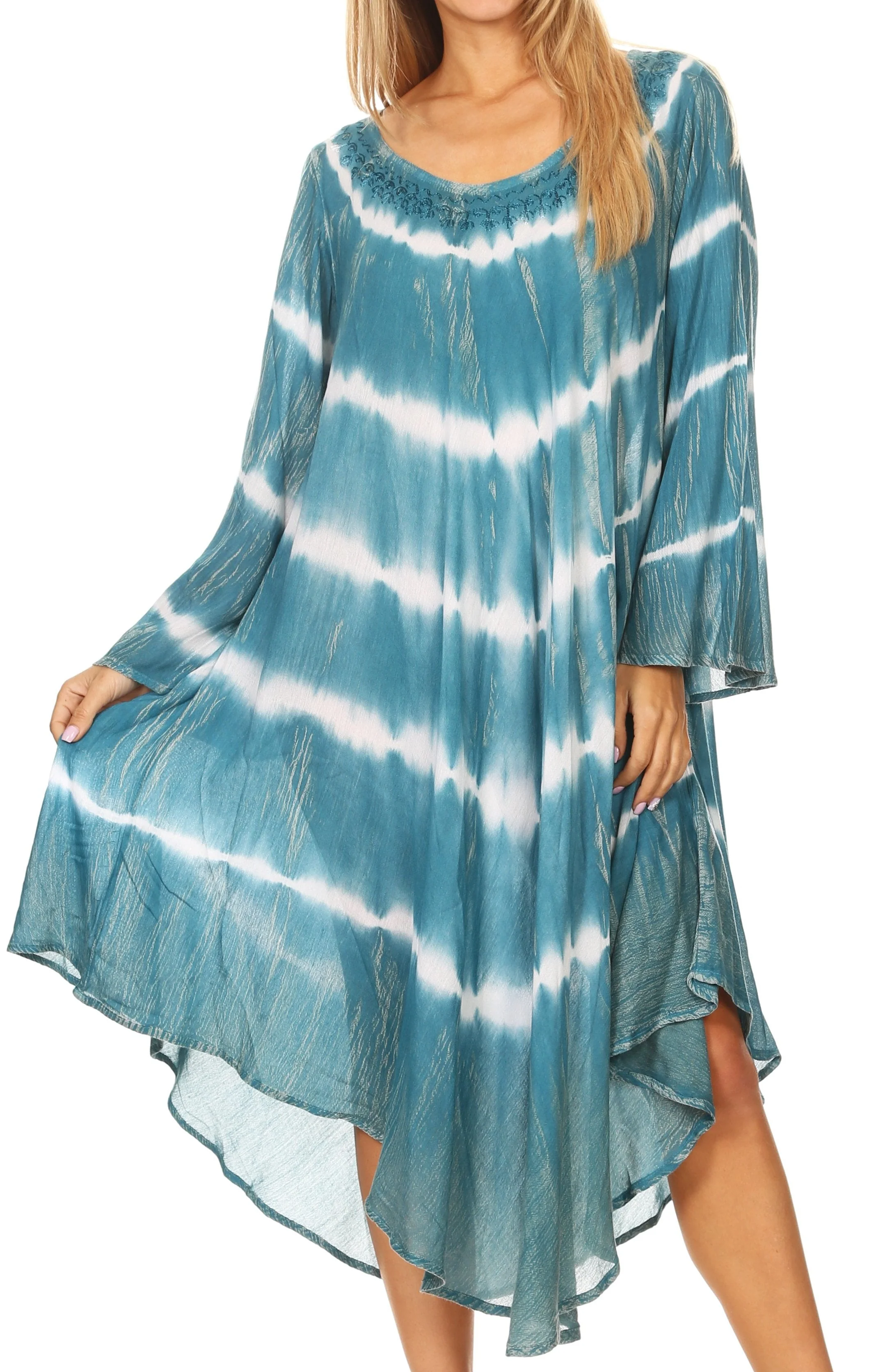 Sakkas Dori Women's Long Sleeves Casual Loose Swing Midi Dress Caftan Cover-up - Image 21