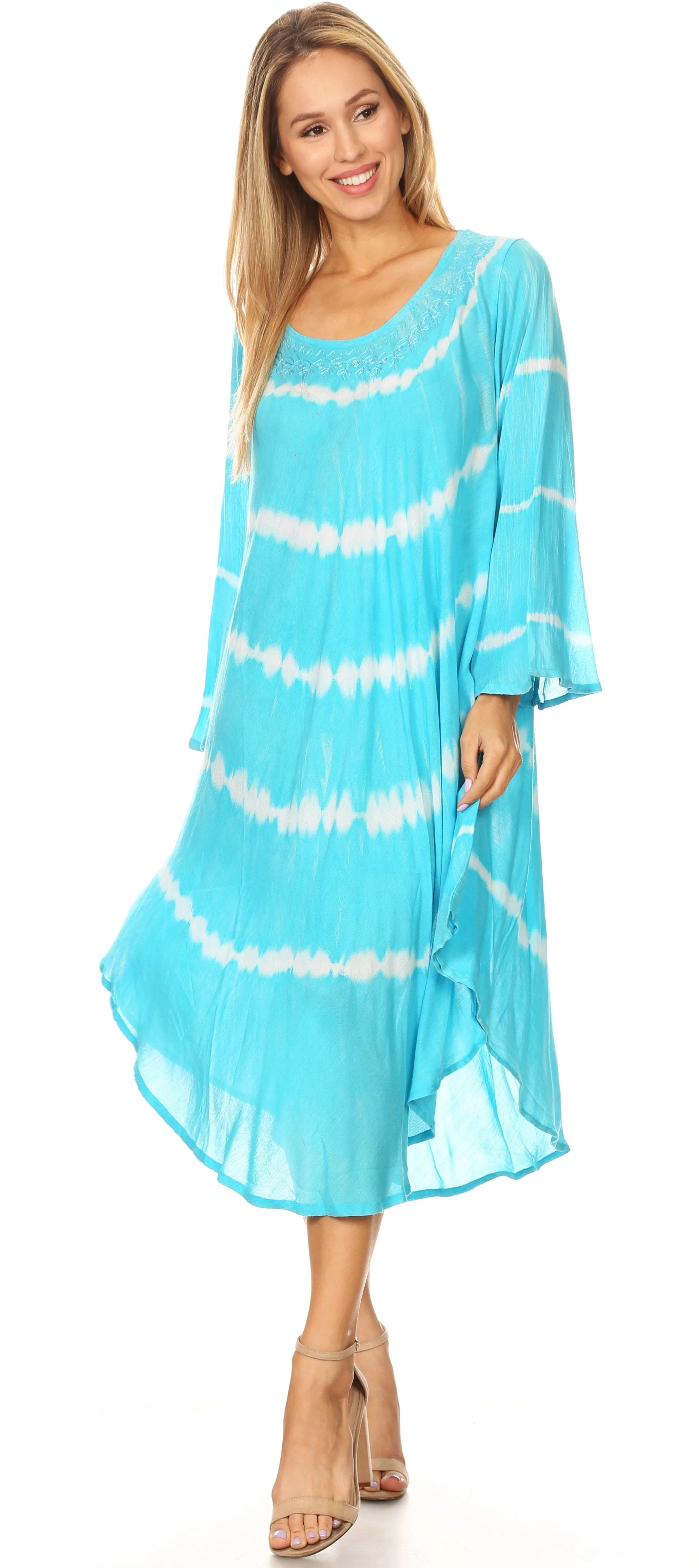Sakkas Dori Women's Long Sleeves Casual Loose Swing Midi Dress Caftan Cover-up - Image 30