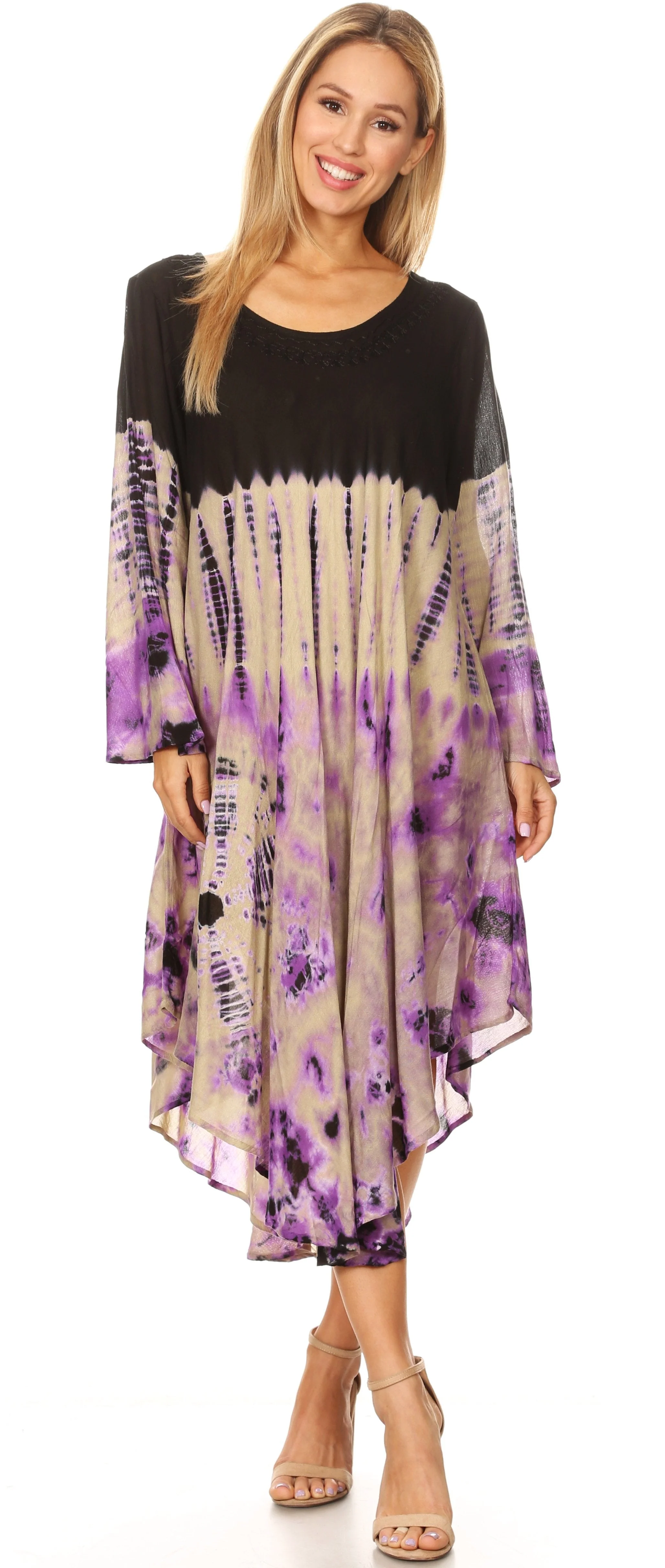 Sakkas Dori Women's Long Sleeves Casual Loose Swing Midi Dress Caftan Cover-up - Image 35