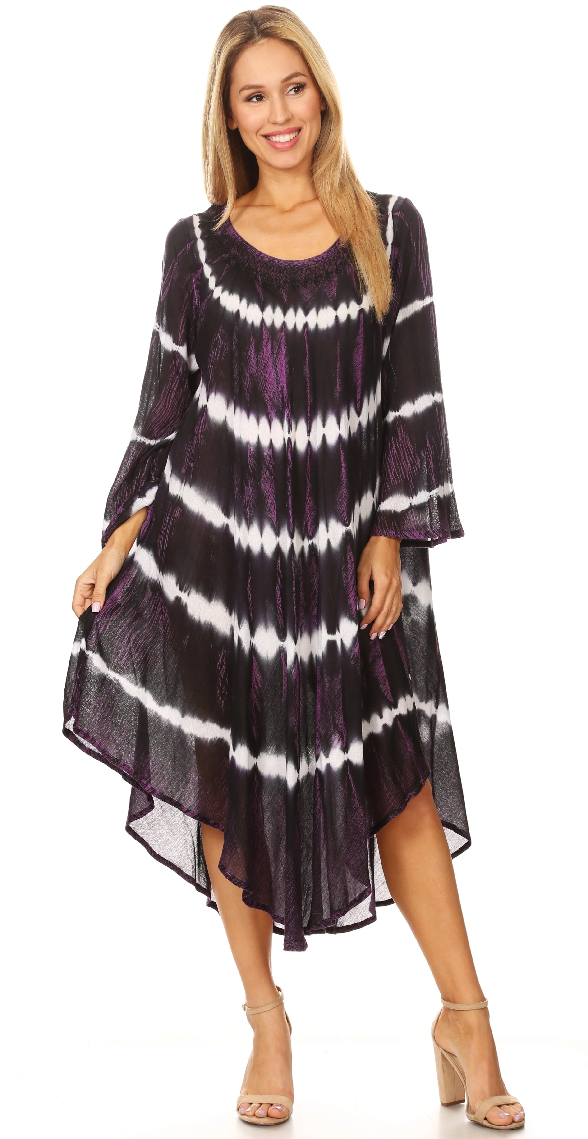 Sakkas Dori Women's Long Sleeves Casual Loose Swing Midi Dress Caftan Cover-up - Image 5