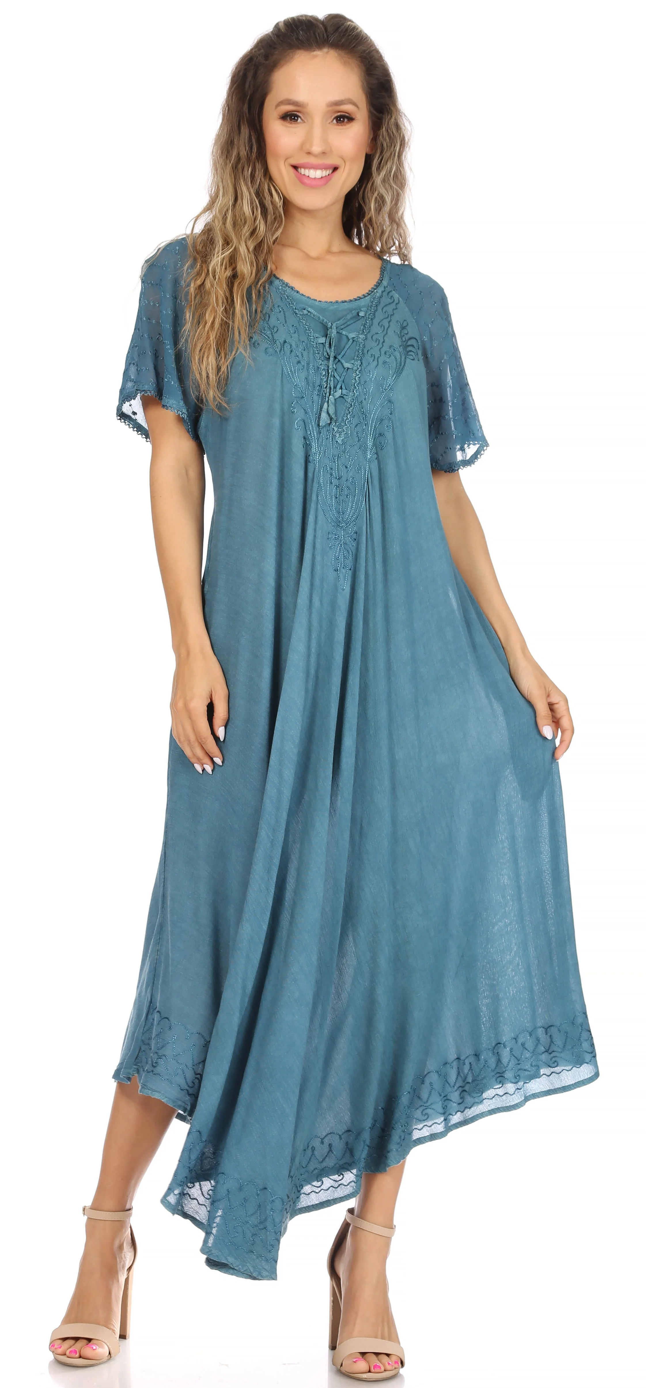 Sakkas Egan Women's Long Embroidered Caftan Dress / Cover Up With Embroidered Cap Sleeves - Image 105