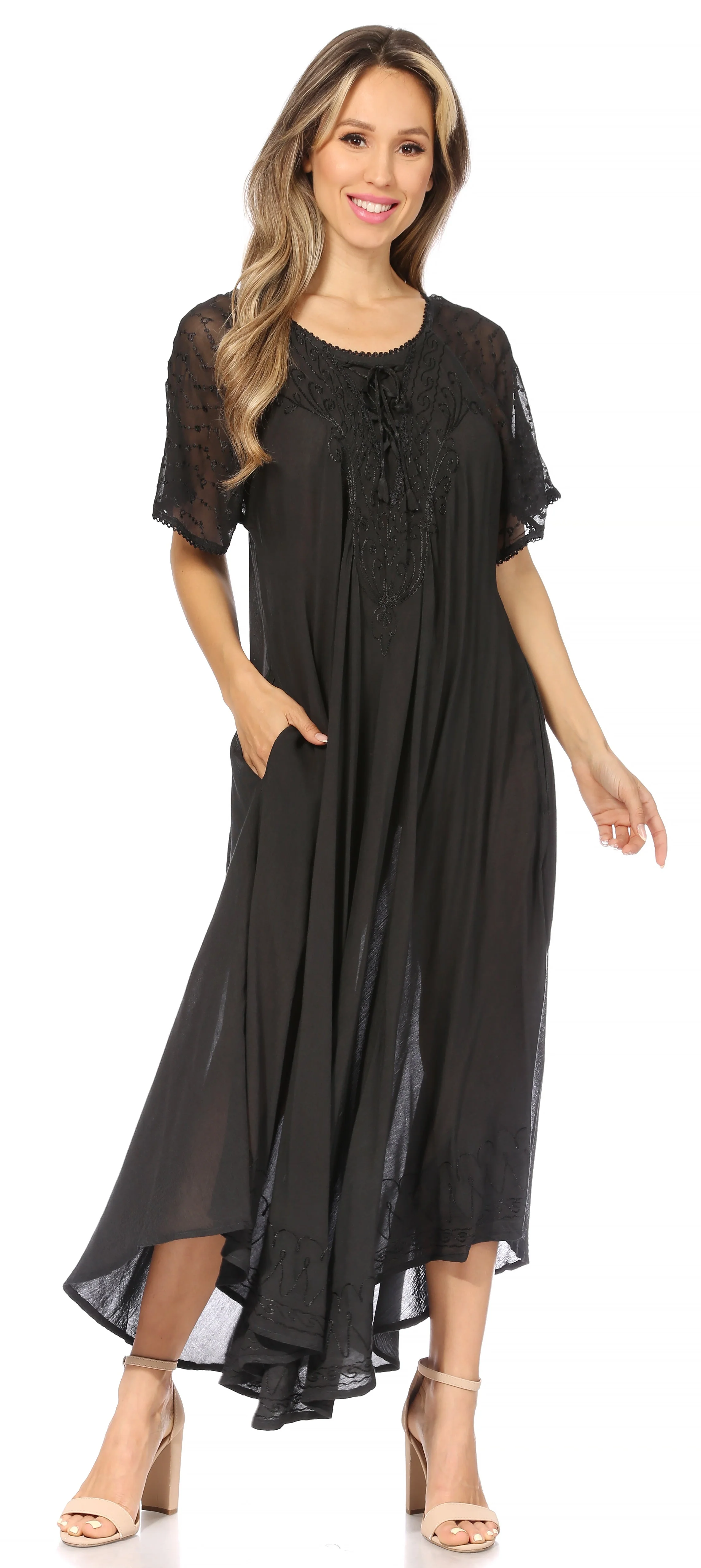 Sakkas Egan Women's Long Embroidered Caftan Dress / Cover Up With Embroidered Cap Sleeves - Image 115