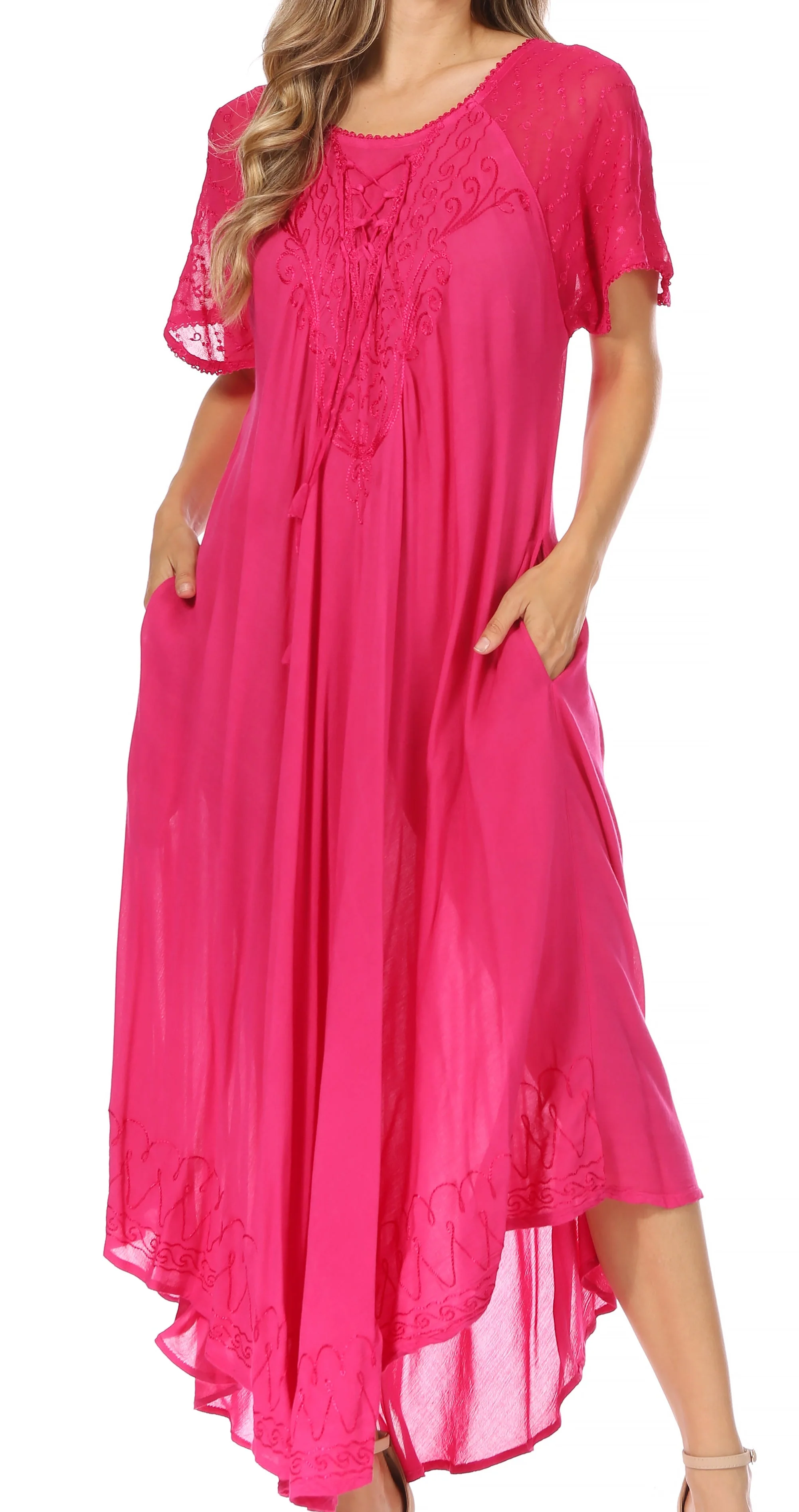 Sakkas Egan Women's Long Embroidered Caftan Dress / Cover Up With Embroidered Cap Sleeves - Image 126