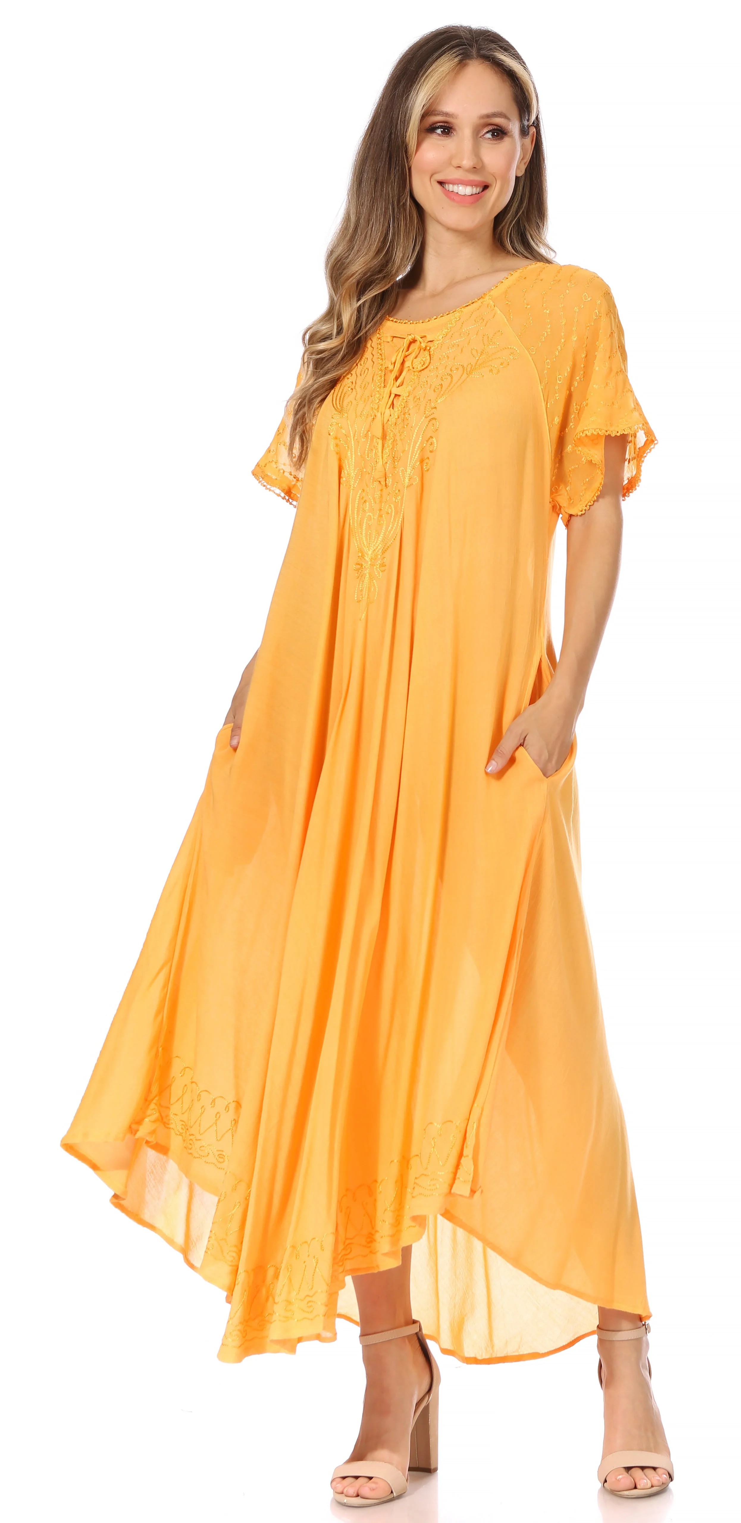 Sakkas Egan Women's Long Embroidered Caftan Dress / Cover Up With Embroidered Cap Sleeves - Image 135