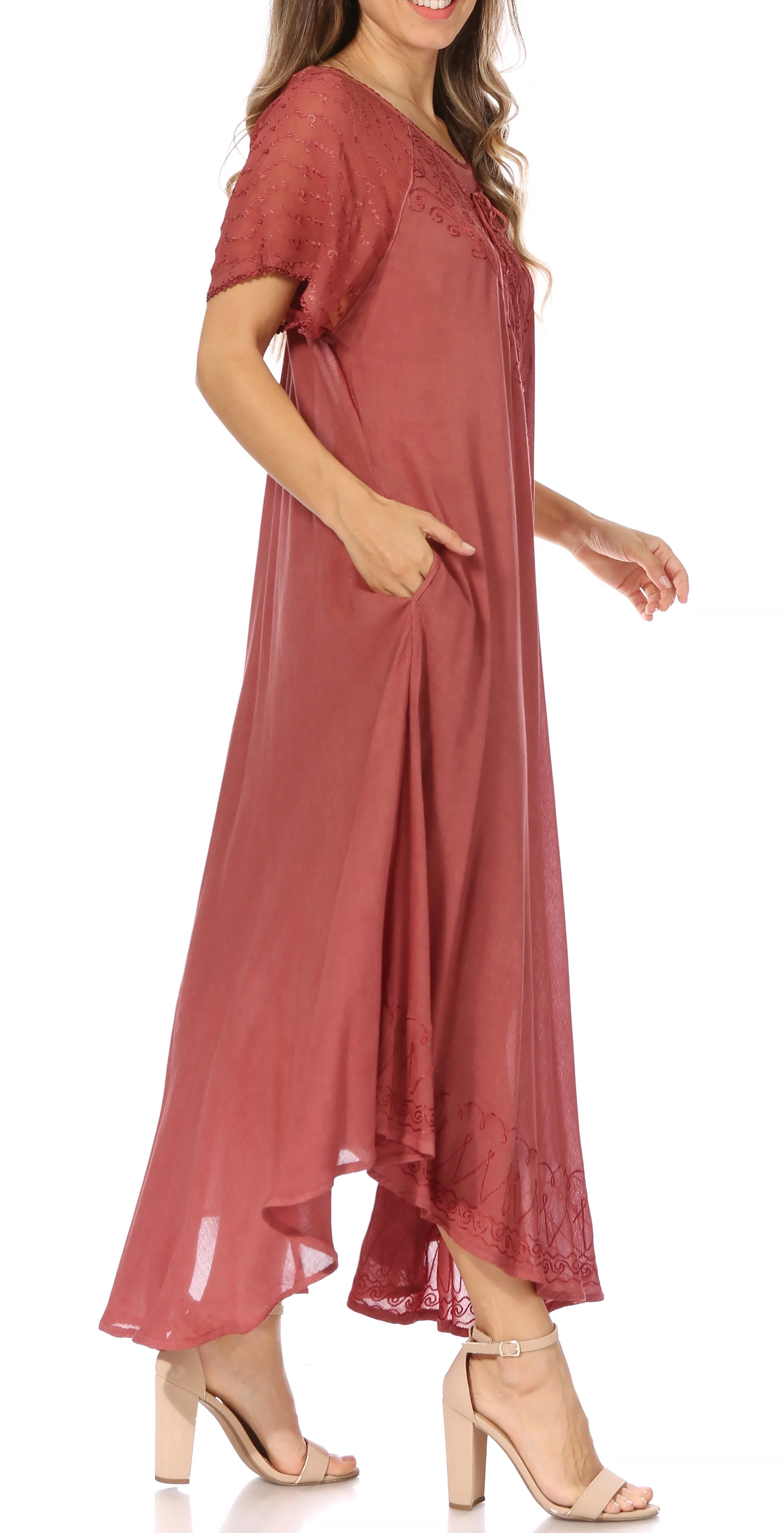 Sakkas Egan Women's Long Embroidered Caftan Dress / Cover Up With Embroidered Cap Sleeves - Image 139