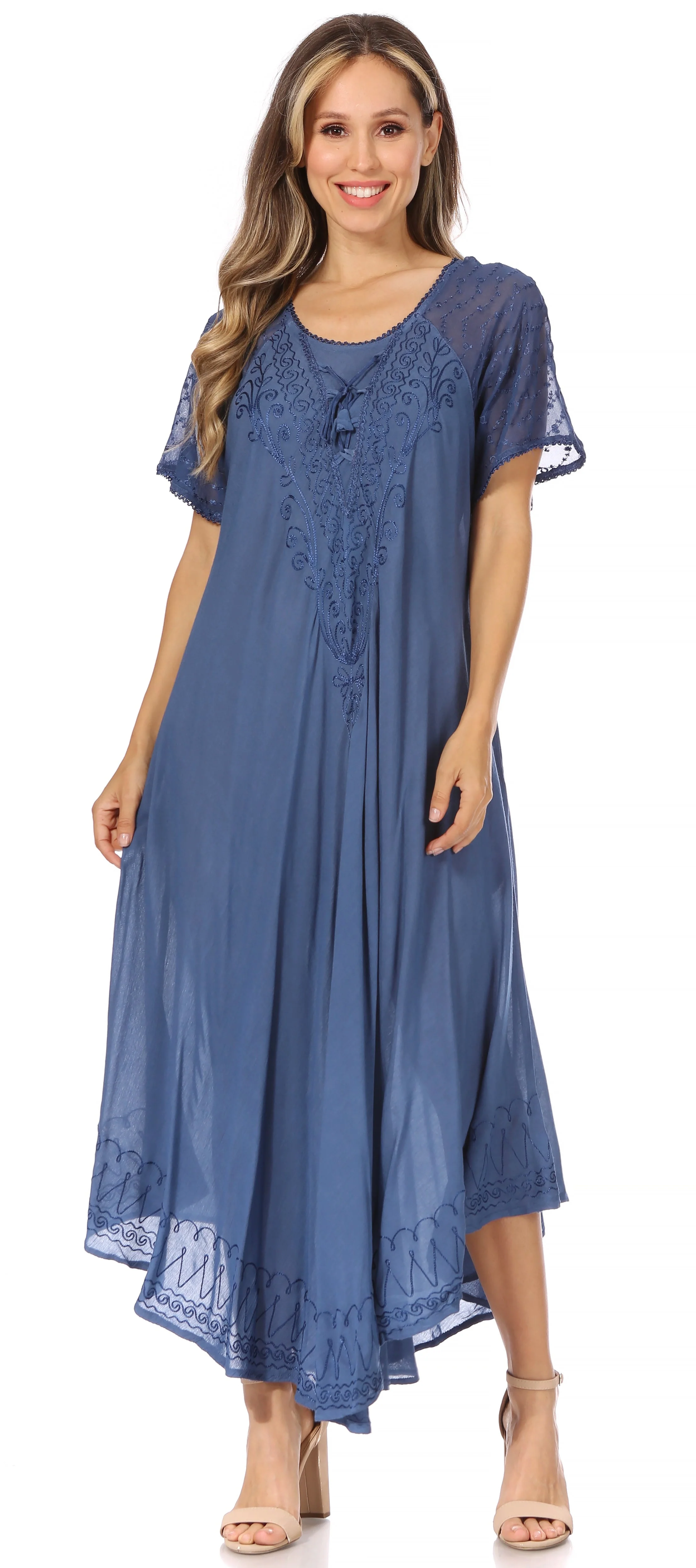 Sakkas Egan Women's Long Embroidered Caftan Dress / Cover Up With Embroidered Cap Sleeves - Image 150