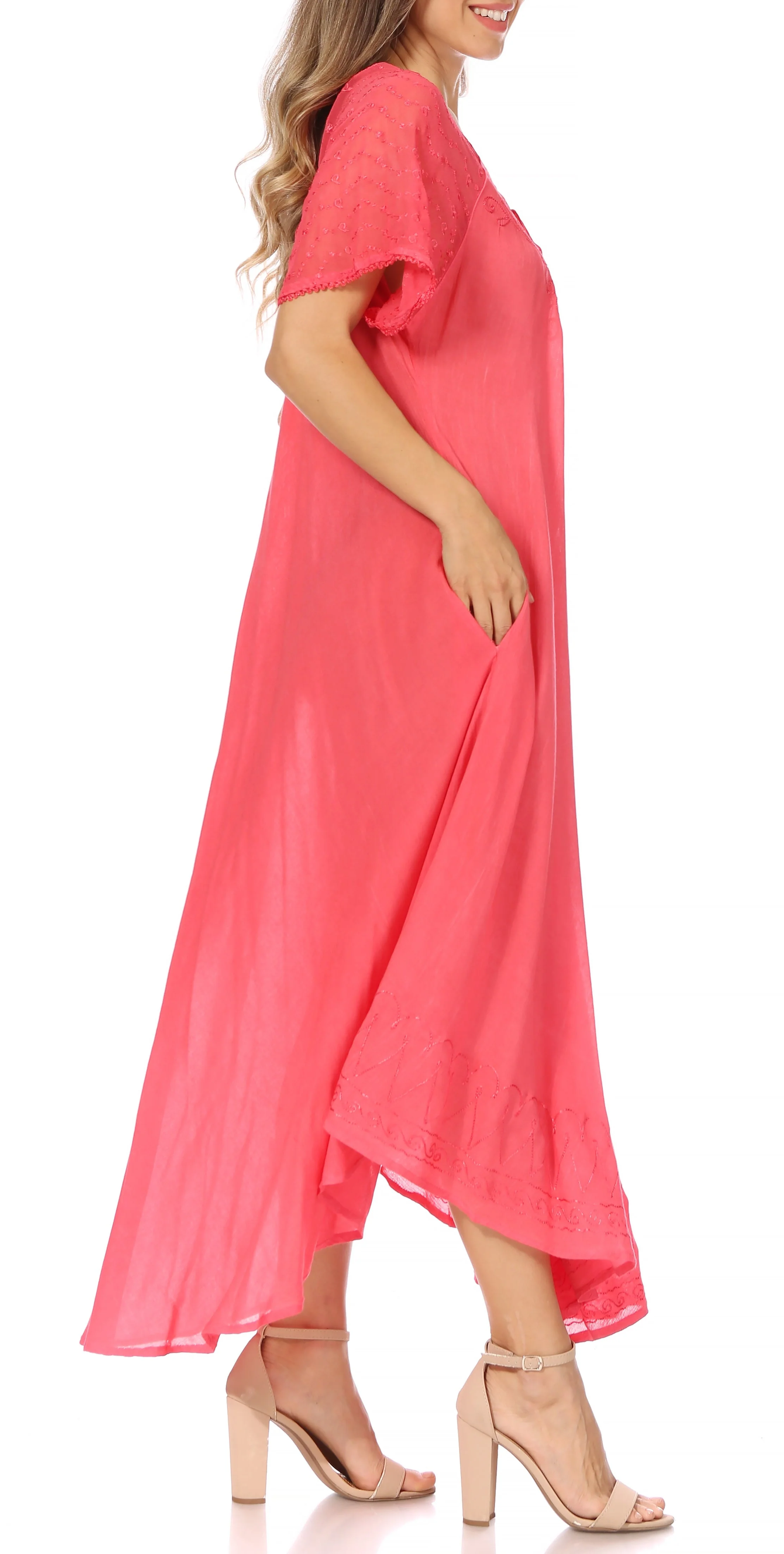 Sakkas Egan Women's Long Embroidered Caftan Dress / Cover Up With Embroidered Cap Sleeves - Image 163