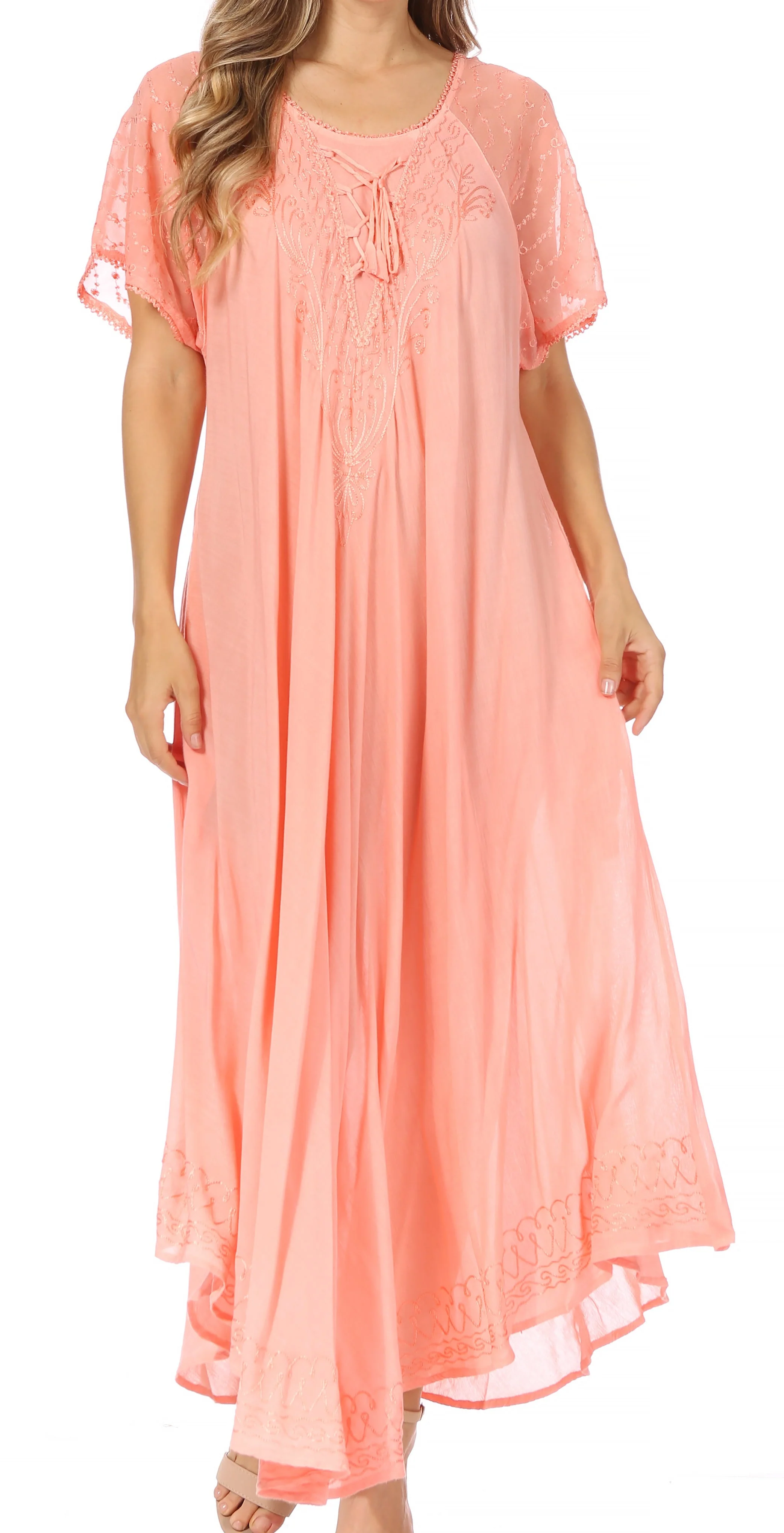 Sakkas Egan Women's Long Embroidered Caftan Dress / Cover Up With Embroidered Cap Sleeves - Image 166