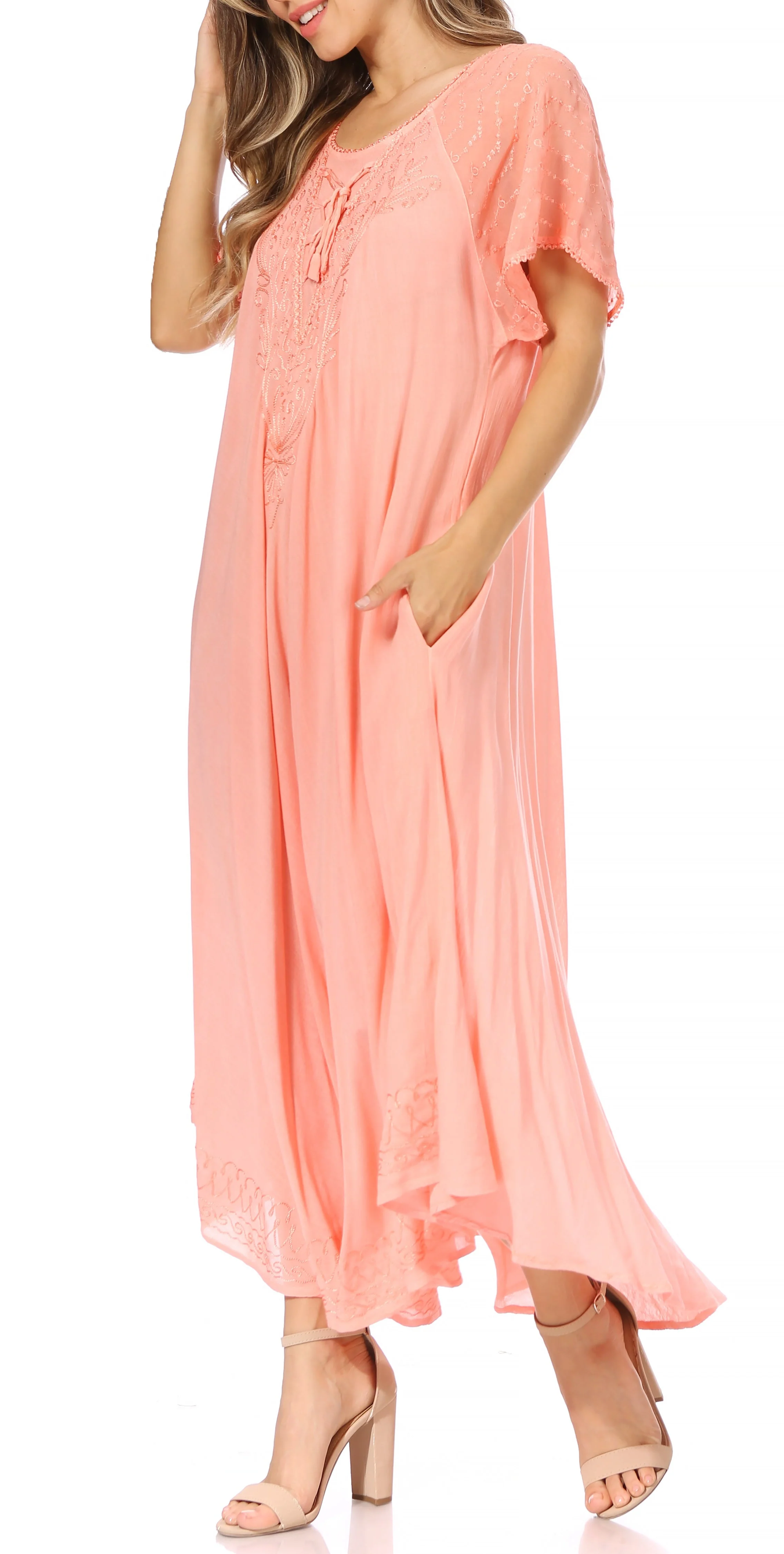 Sakkas Egan Women's Long Embroidered Caftan Dress / Cover Up With Embroidered Cap Sleeves - Image 168