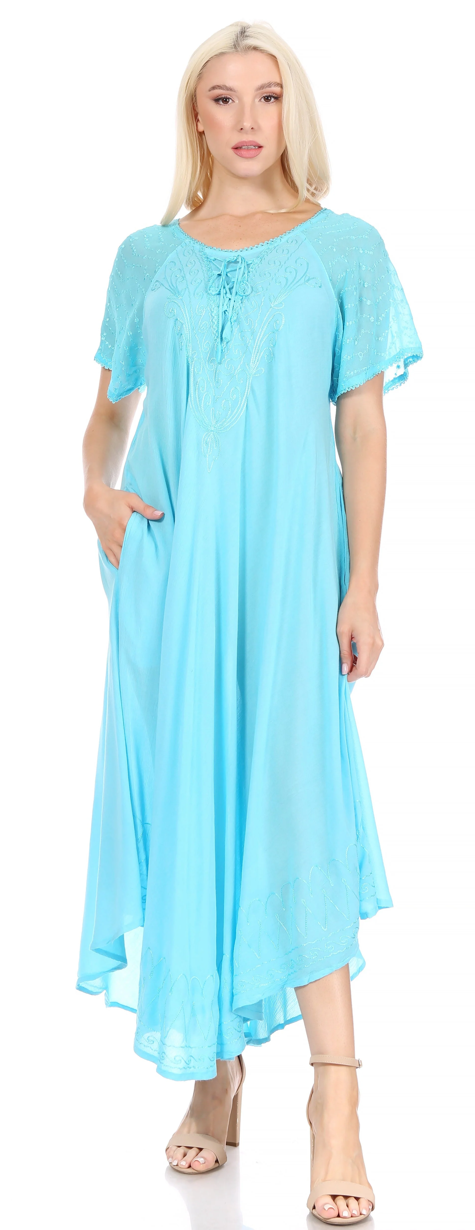 Sakkas Egan Women's Long Embroidered Caftan Dress / Cover Up With Embroidered Cap Sleeves - Image 190