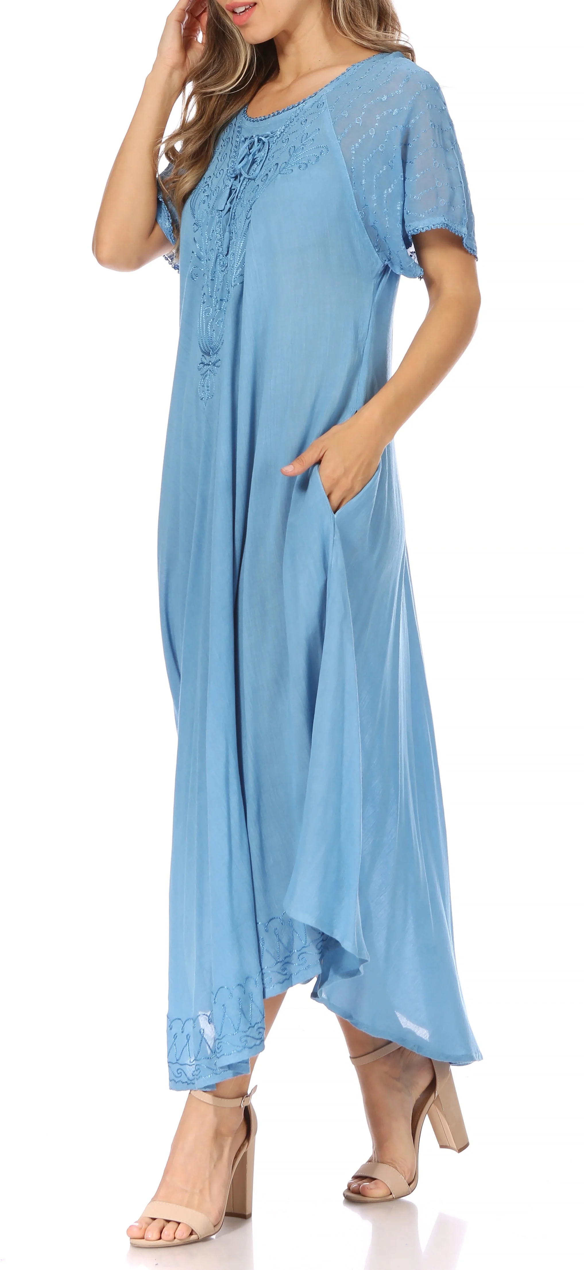 Sakkas Egan Women's Long Embroidered Caftan Dress / Cover Up With Embroidered Cap Sleeves - Image 193