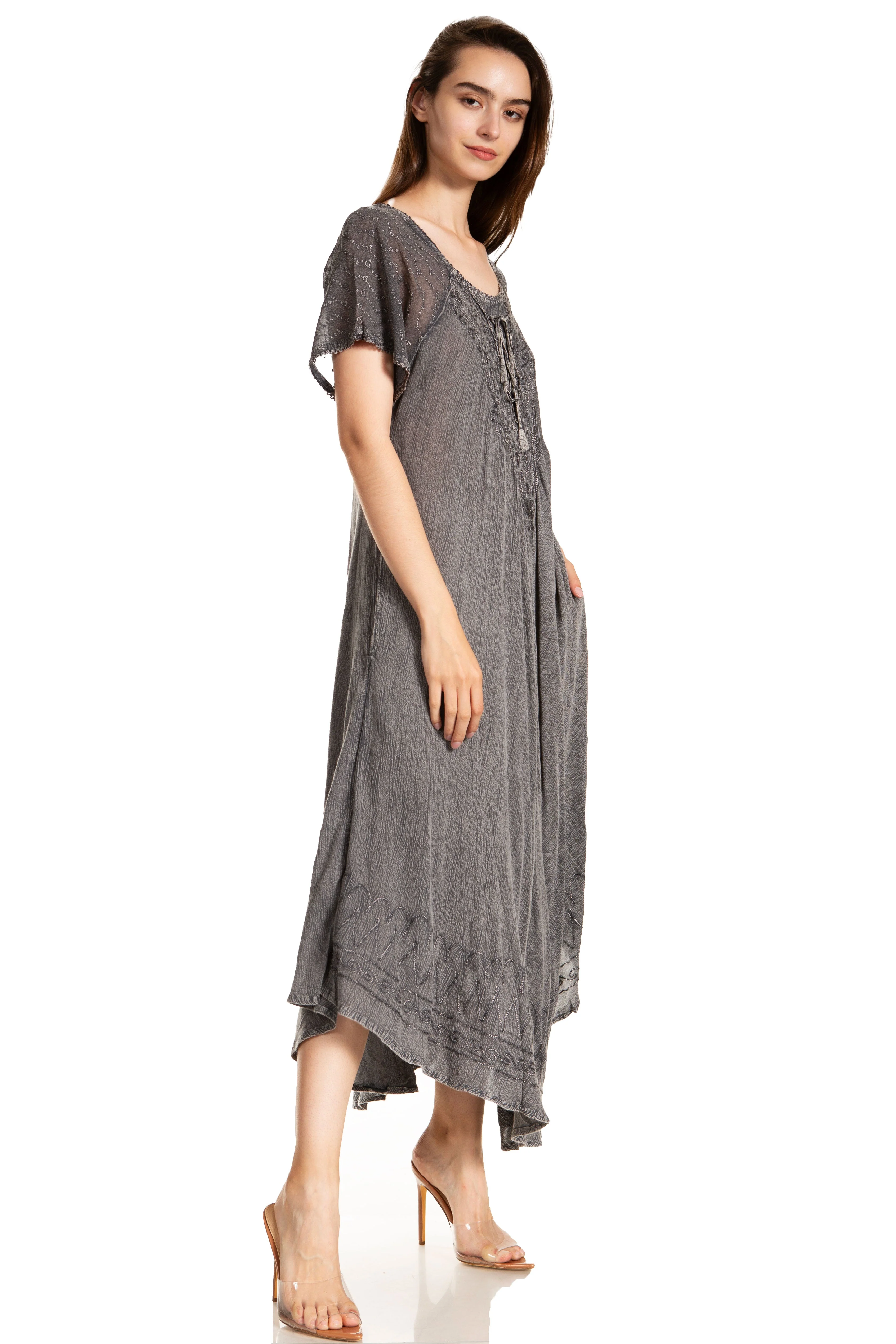 Sakkas Egan Women's Long Embroidered Caftan Dress / Cover Up With Embroidered Cap Sleeves - Image 29