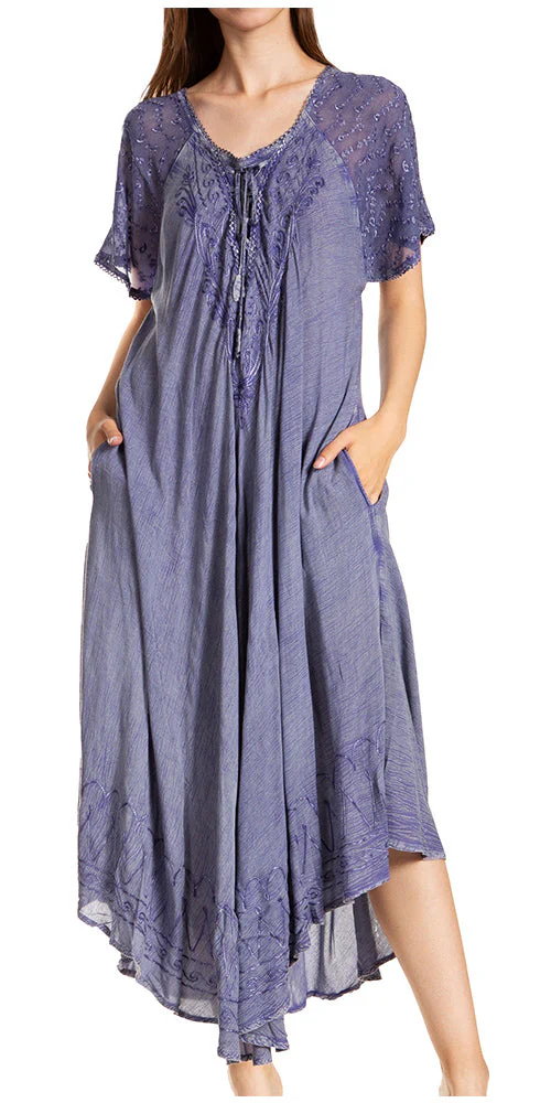 Sakkas Egan Women's Long Embroidered Caftan Dress / Cover Up With Embroidered Cap Sleeves - Image 71