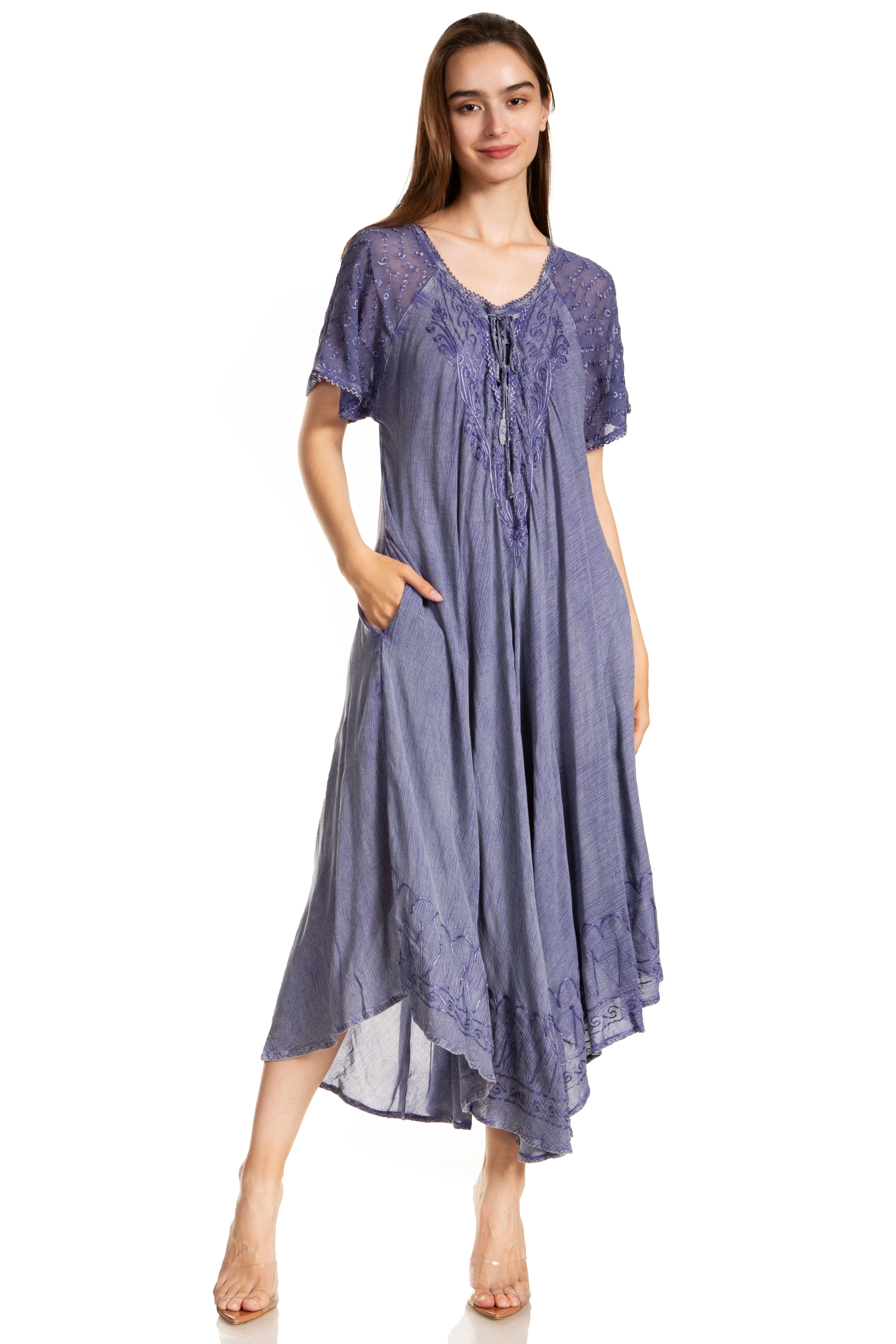 Sakkas Egan Women's Long Embroidered Caftan Dress / Cover Up With Embroidered Cap Sleeves - Image 75
