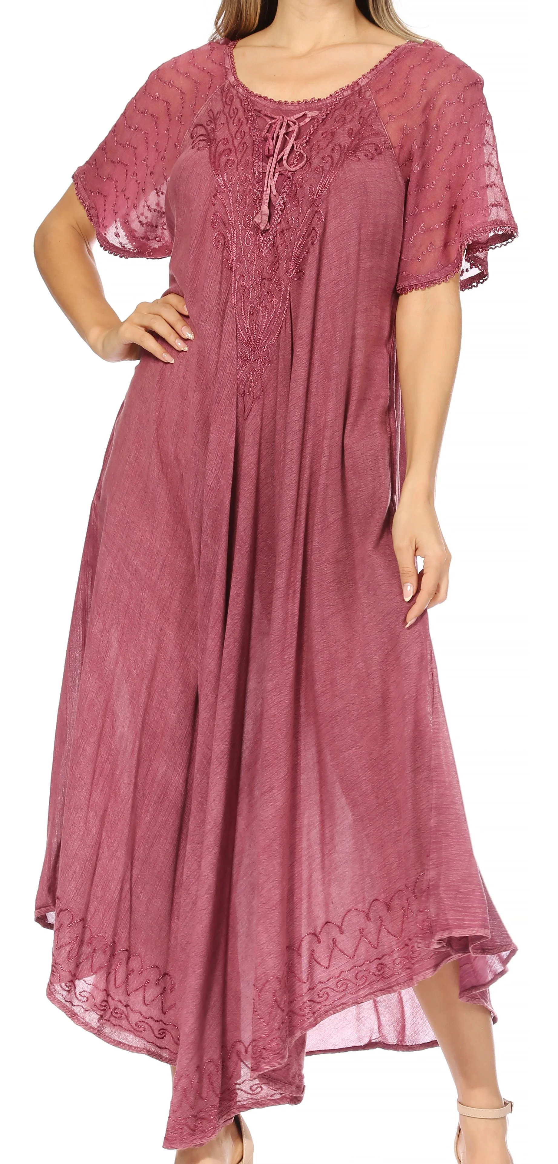 Sakkas Egan Women's Long Embroidered Caftan Dress / Cover Up With Embroidered Cap Sleeves - Image 91