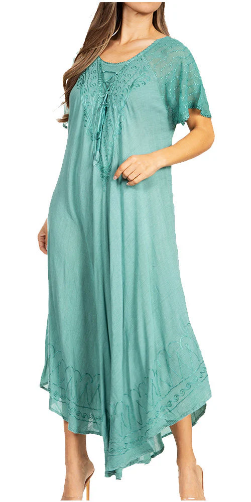 Sakkas Egan Women's Long Embroidered Caftan Dress / Cover Up With Embroidered Cap Sleeves - Image 96