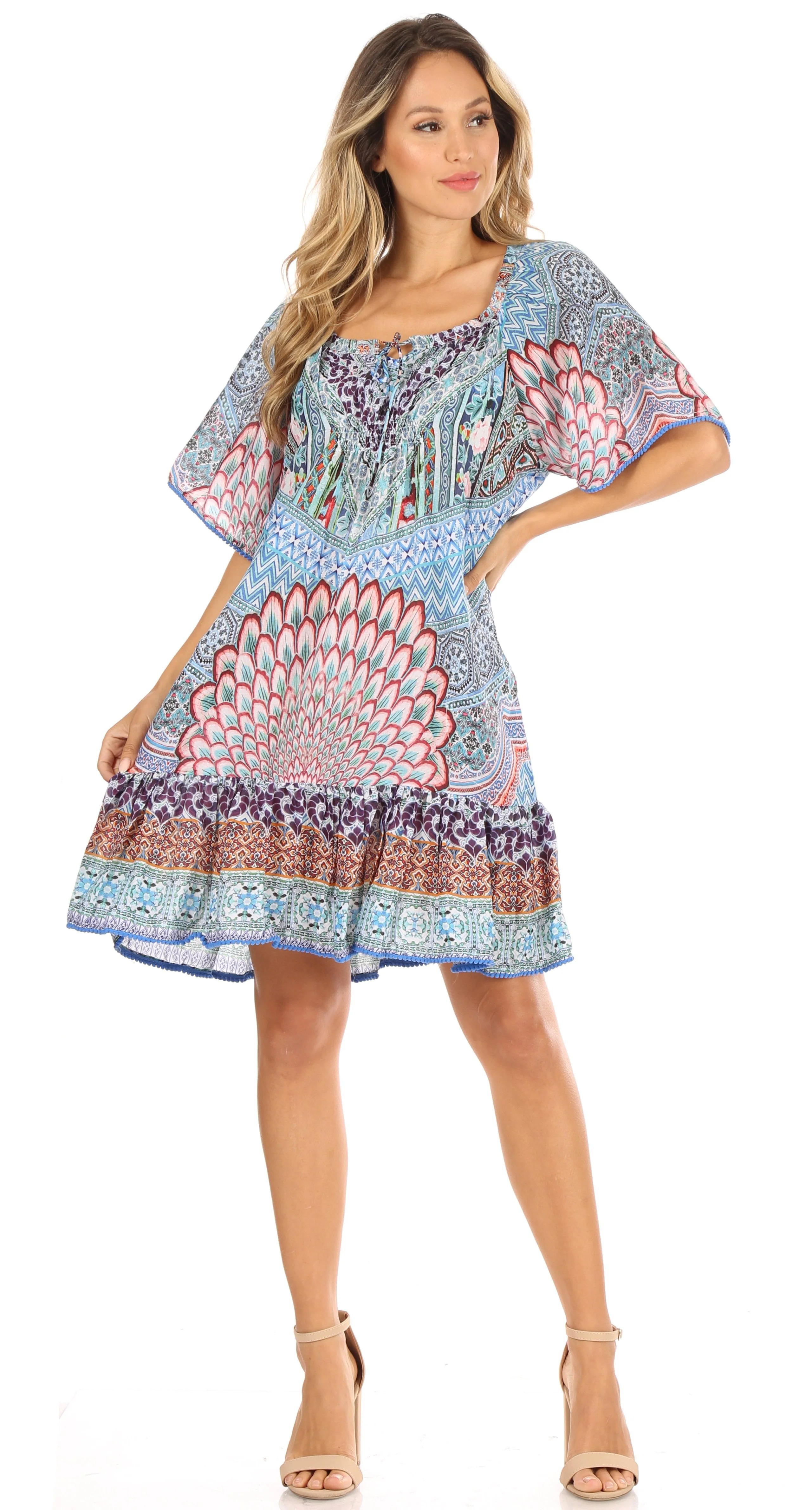 Sakkas Eliza Women's Cocktail Short Sleeve Floral Print Boho Dress Summer Casual - Image 15