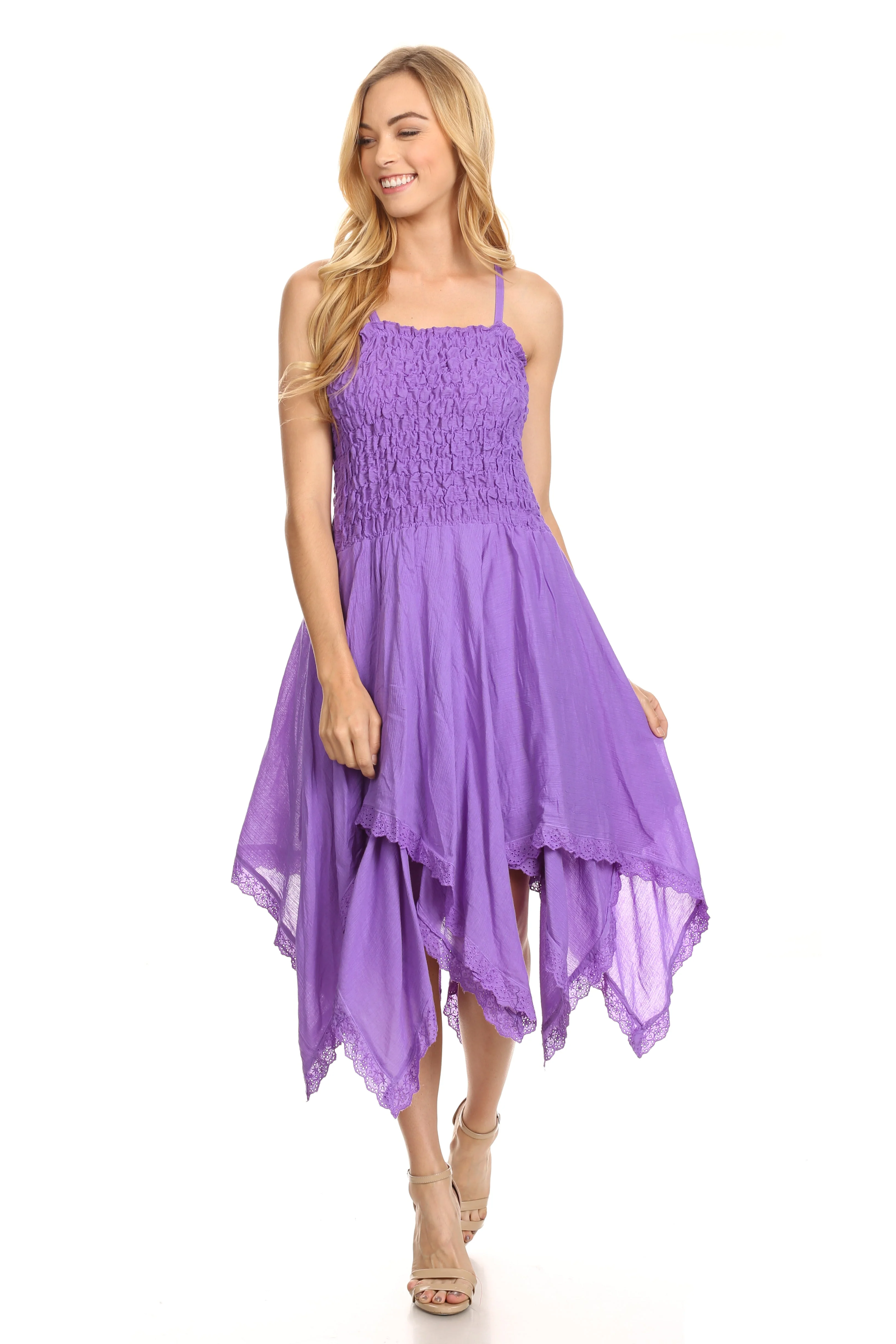 Sakkas Ella Smocked Bodice Spaghetti Strap Double Layered Dress - Image 20
