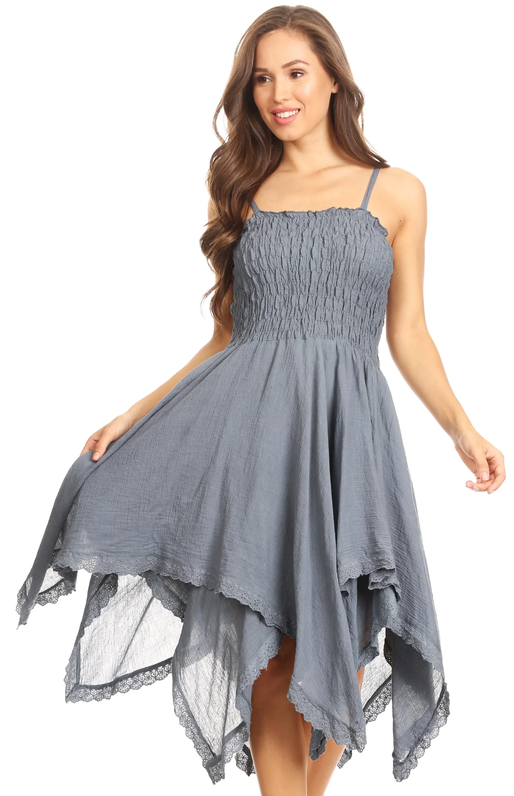 Sakkas Ella Smocked Bodice Spaghetti Strap Double Layered Dress - Image 45