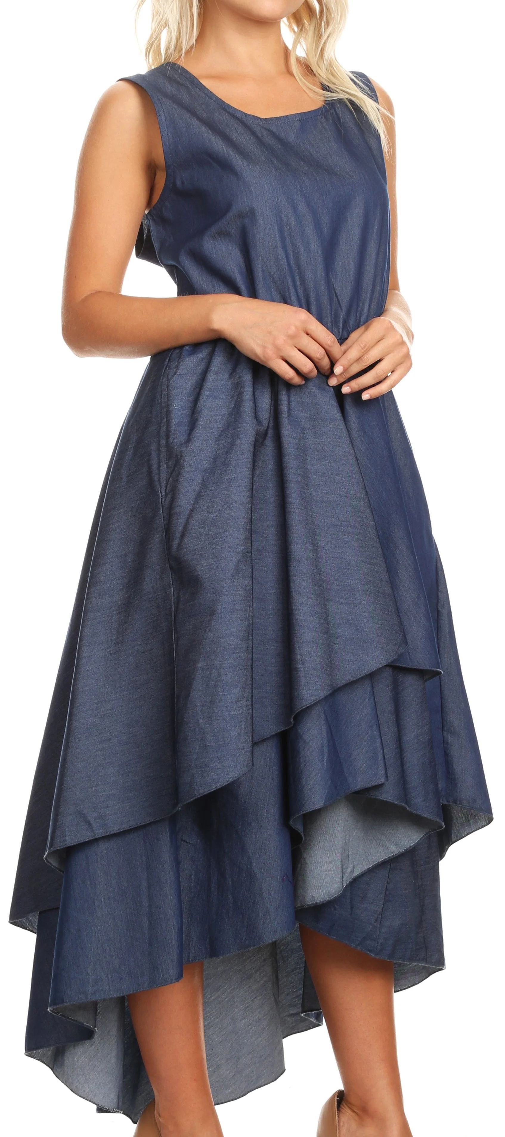 Sakkas Emalia Women's Sleeveless Cocktail High Low Hem Dress with Pockets Chambray - Image 4