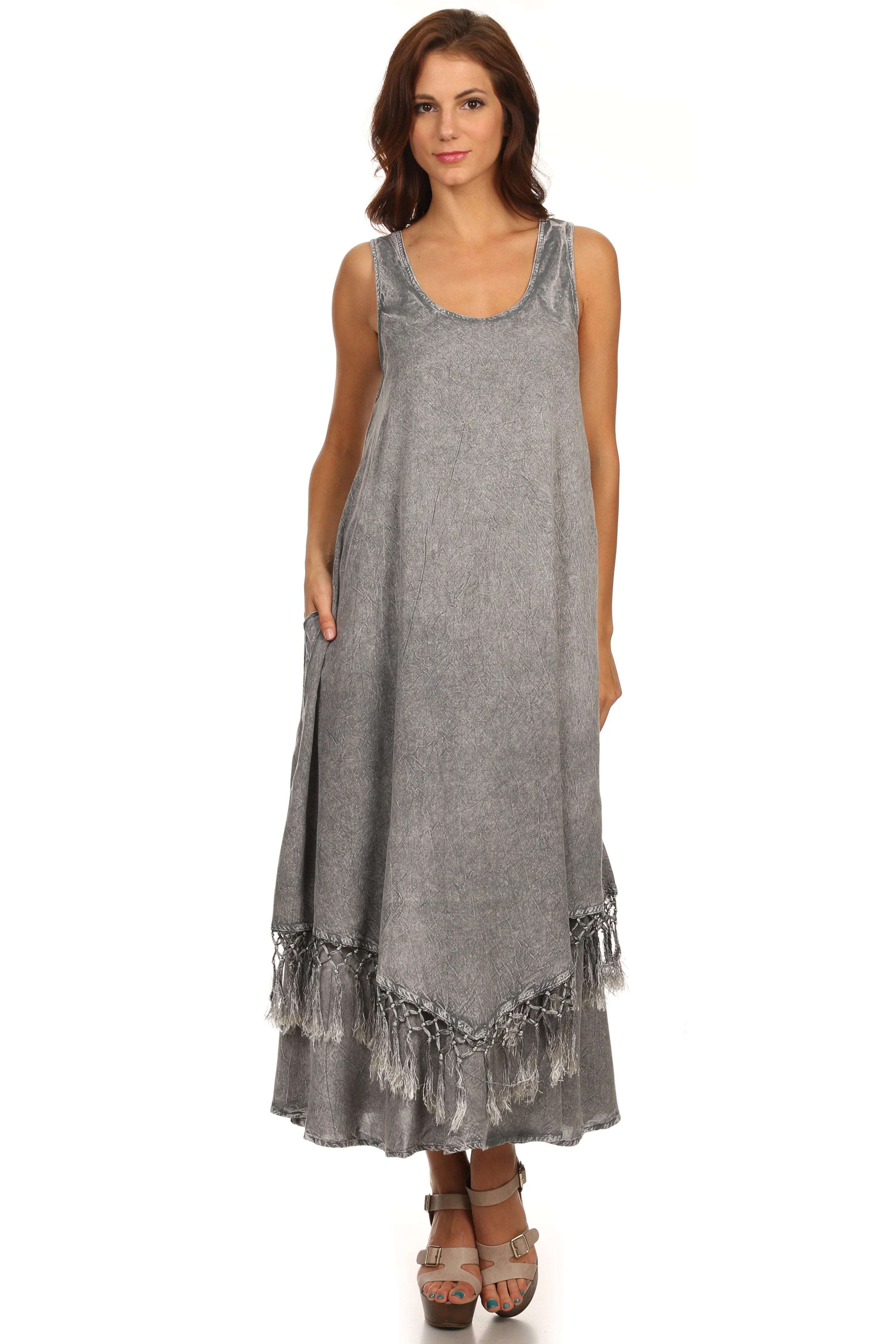 Sakkas Emma Relaxed Fit Scoop Neck Double Layered with Fringe Tank Dress - Image 11