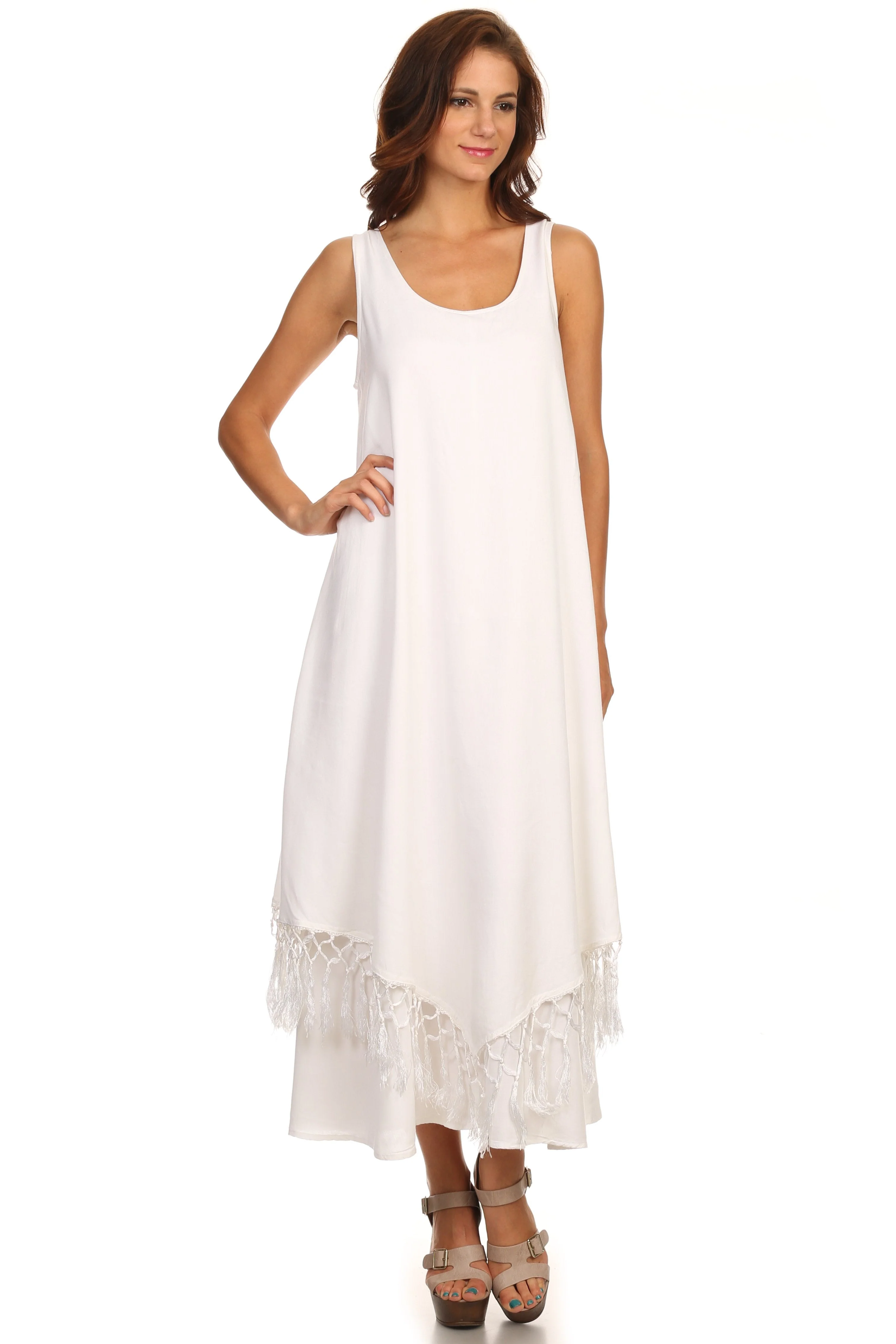 Sakkas Emma Relaxed Fit Scoop Neck Double Layered with Fringe Tank Dress - Image 26