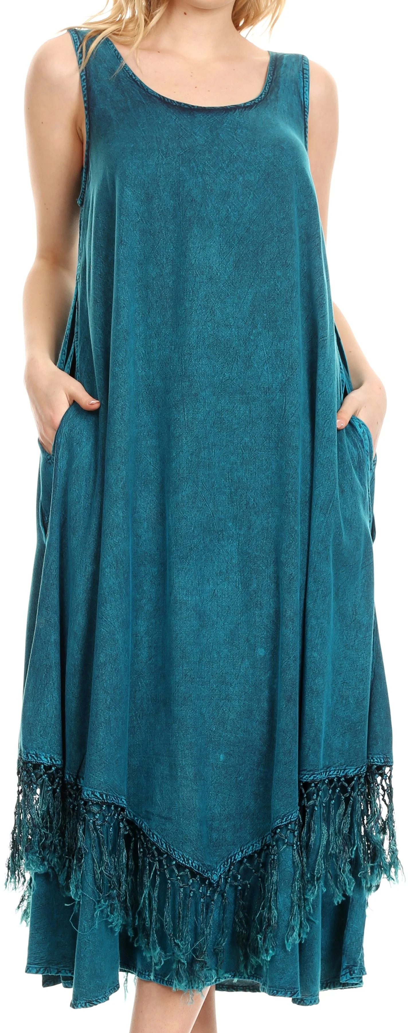 Sakkas Emma Relaxed Fit Scoop Neck Double Layered with Fringe Tank Dress - Image 36