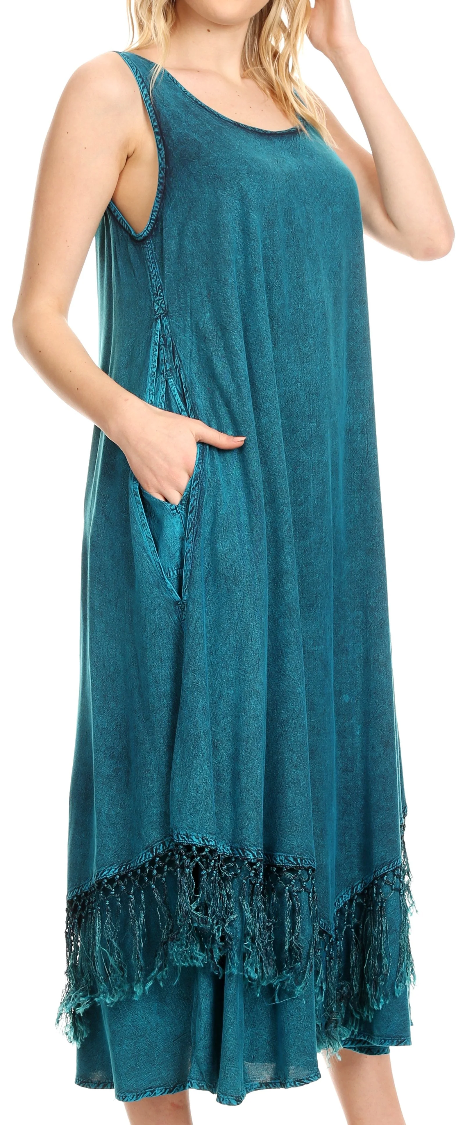 Sakkas Emma Relaxed Fit Scoop Neck Double Layered with Fringe Tank Dress - Image 39
