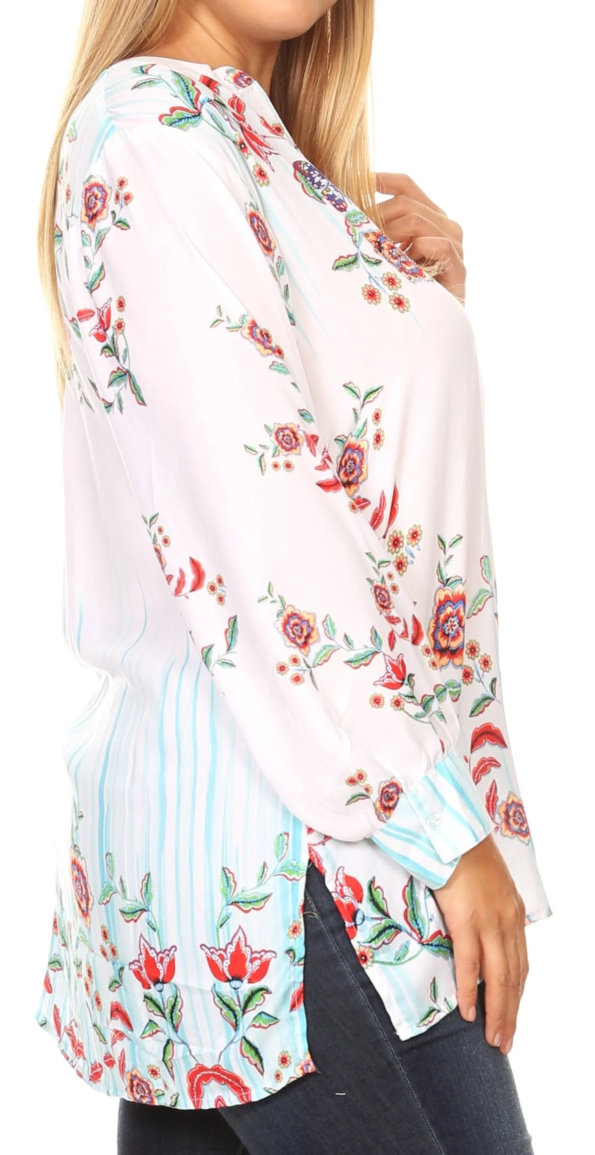 Sakkas Fara Women's Casual Floral Print Lightweight Long Sleeve Blouse Tunic Top - Image 5