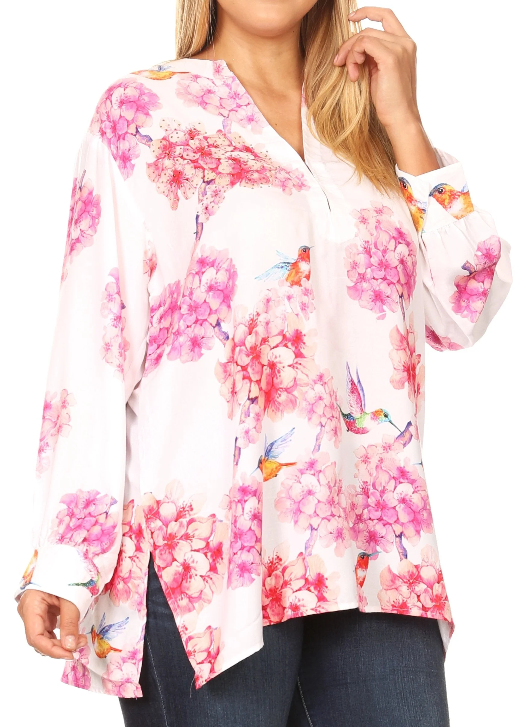 Sakkas Fara Women's Casual Floral Print Lightweight Long Sleeve Blouse Tunic Top - Image 9