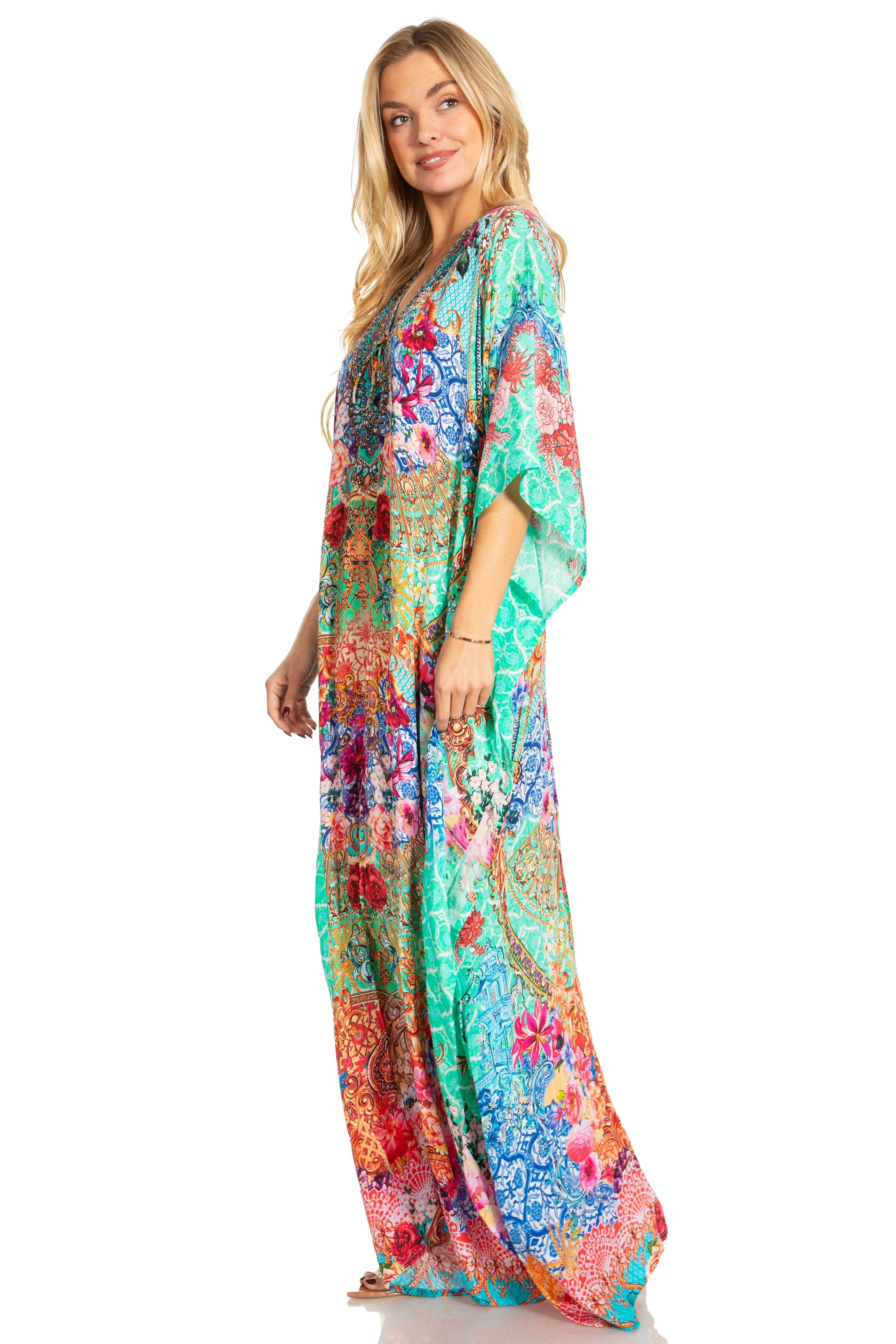 Sakkas Georgettina 2025 Flowy Rhinestone V Neck Long Caftan Dress / Cover Up - Image 101