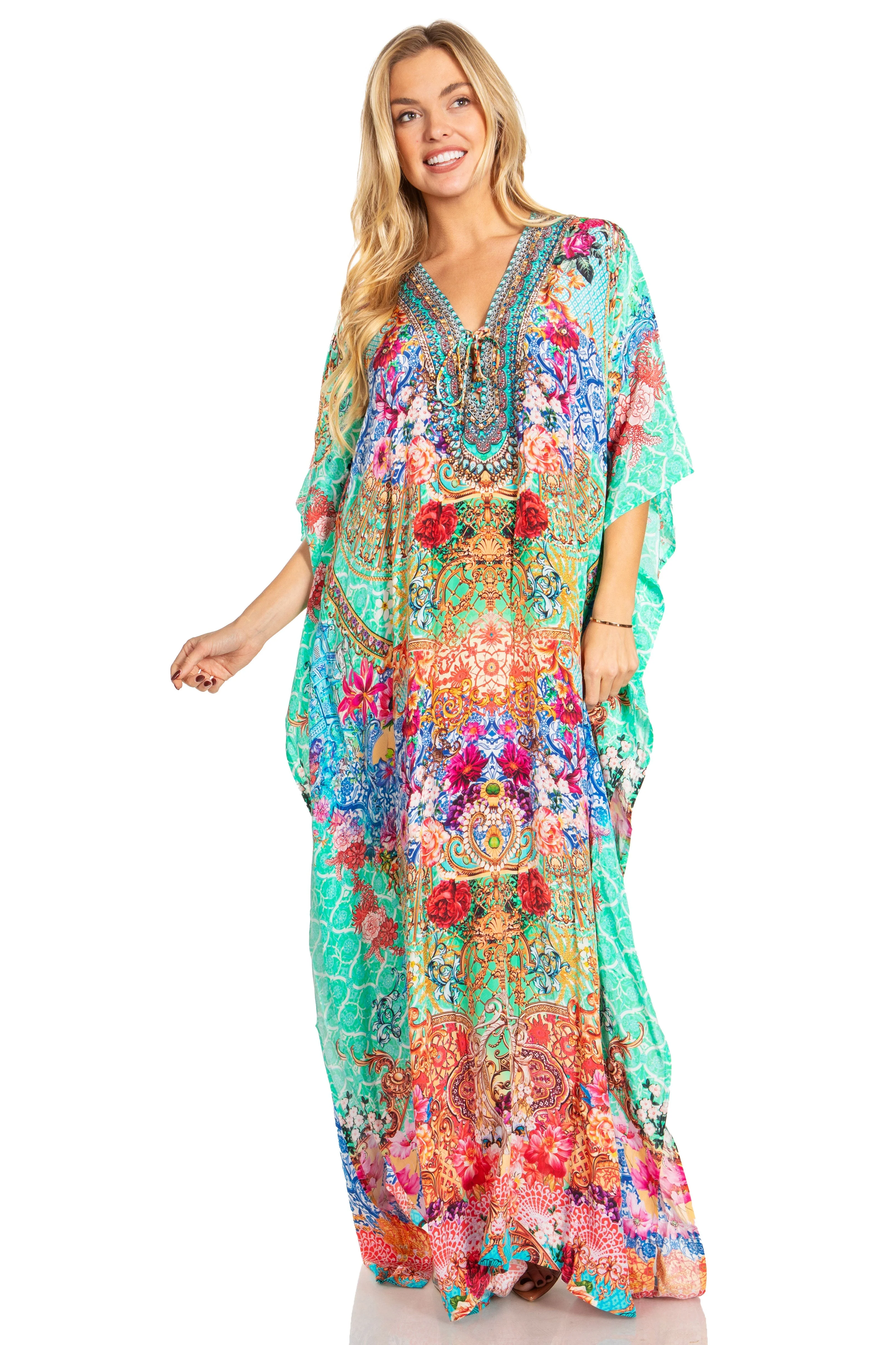 Sakkas Georgettina 2025 Flowy Rhinestone V Neck Long Caftan Dress / Cover Up - Image 103